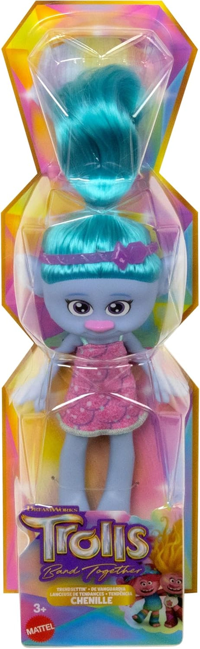 Mattel DREAMWORKS TROLLS Gemeinsam Stark – Haarige Überraschungen Chenille Puppe mit leuchtend blauen Haaren zum Stylen, lila Stirnband, für Kinder ab 3 Jahren, HNF15
