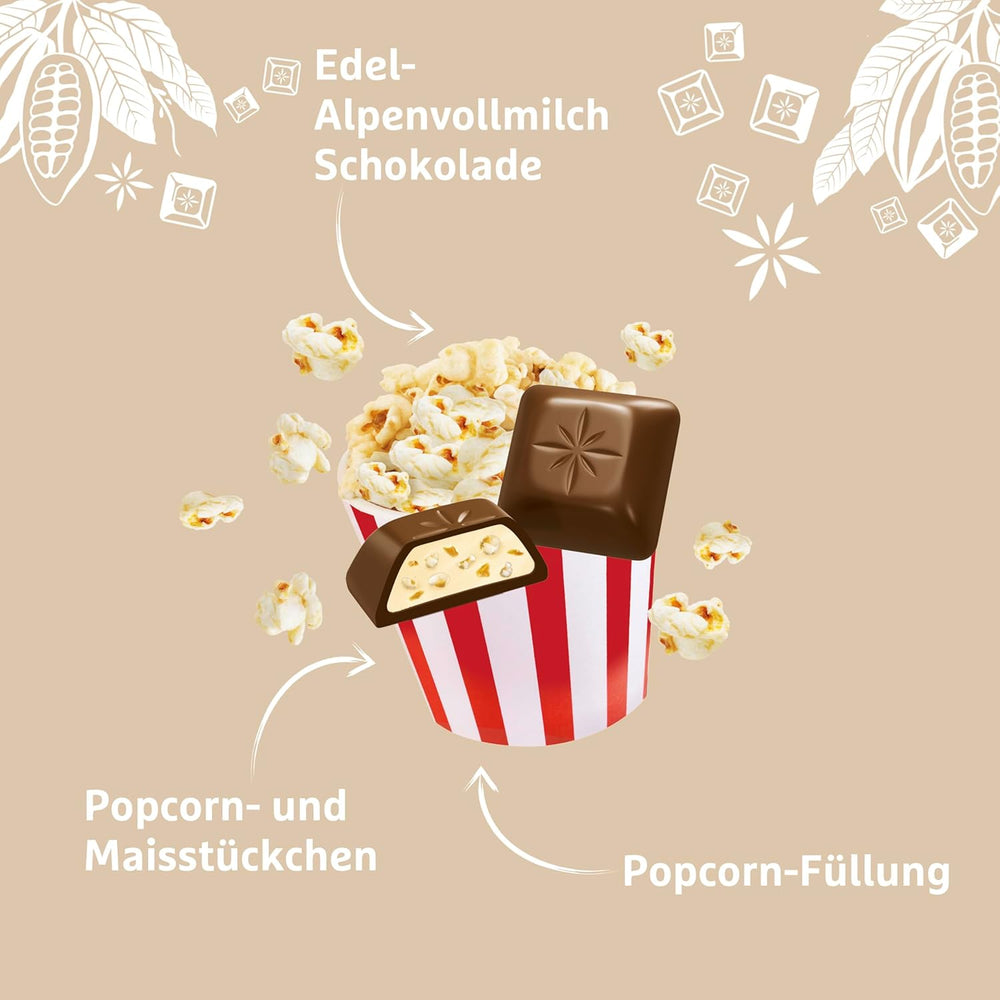 Schogetten Popcorn 1 Tafel Schokolade x 100g, Milchschokolade mit Popcorn und Maisstückchen, praktische Einzelstücke. Eine Delikatesse. Stück für Stück.
