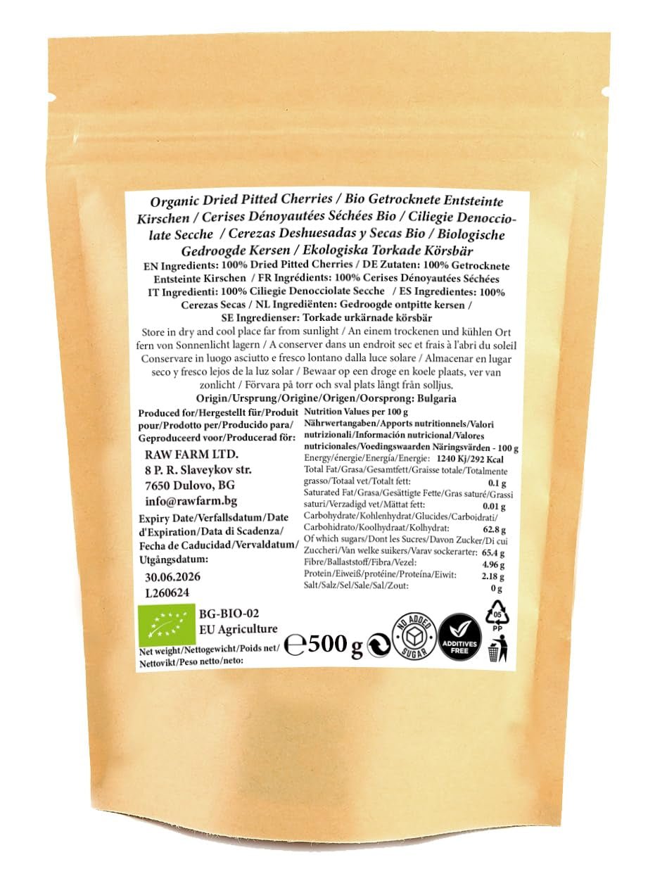 500 g cireșe organice uscate, fără sâmburi, fără aditivi, îndulcitori și conservanți Produse deshidratate Naty Shop