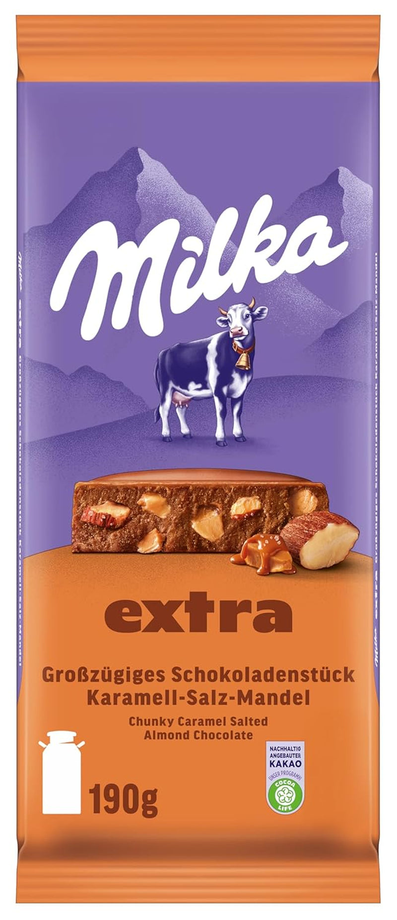 Milka Extra Caramel Salt Almond – Alpenmilchschokolade mit Karamellstückchen, Mandeln und einer Prise Salz – 190g