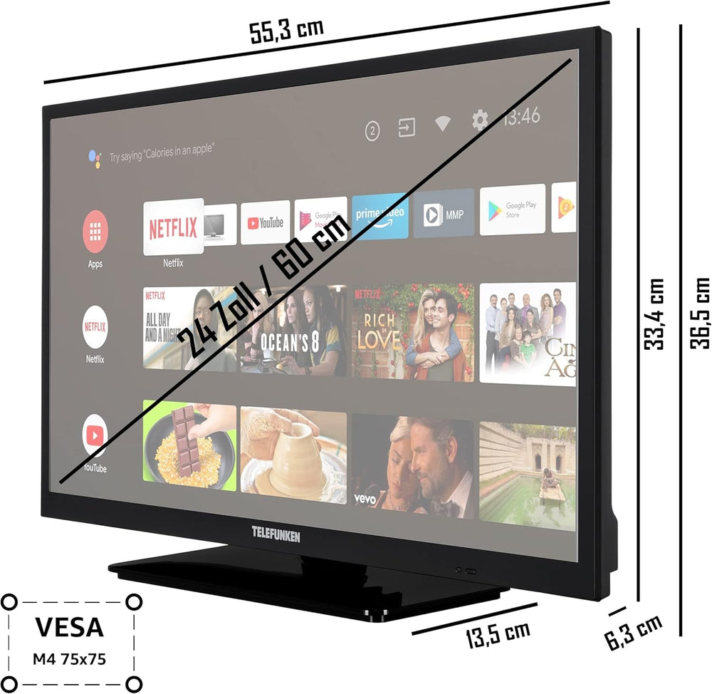 TELEFUNKEN XH24AN550MV Televizor de 24 inch/Smart TV cu Android (HD Ready, HDR, triplu tuner, 12 volți, Bluetooth) [2023]