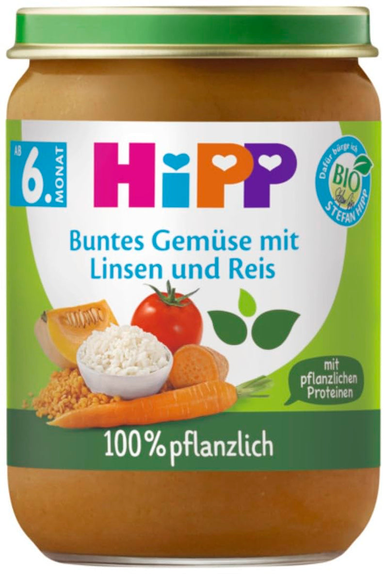 HiPP Bio-Buntgemüse mit Linsen und Reis (6 x 190 g), ab 6 Monaten, 100 % pflanzlich, ohne Salzzusatz, mit Omega-3, beste Bio-Qualität