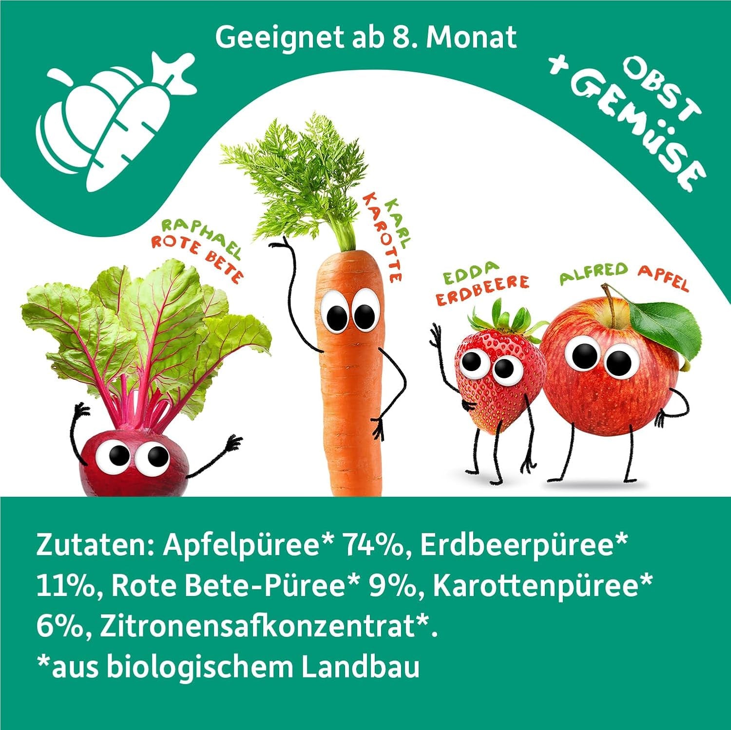 FRECHE FREUNDE Bio-Quetsch-Früchtebeutel mit Äpfeln, Erdbeeren, Roter Bete und Karotte, Obst- und Gemüsepüree im Quetschbeutel für Babys ab 6 Monaten, vegan, 6er-Pack (6 x 100 g)