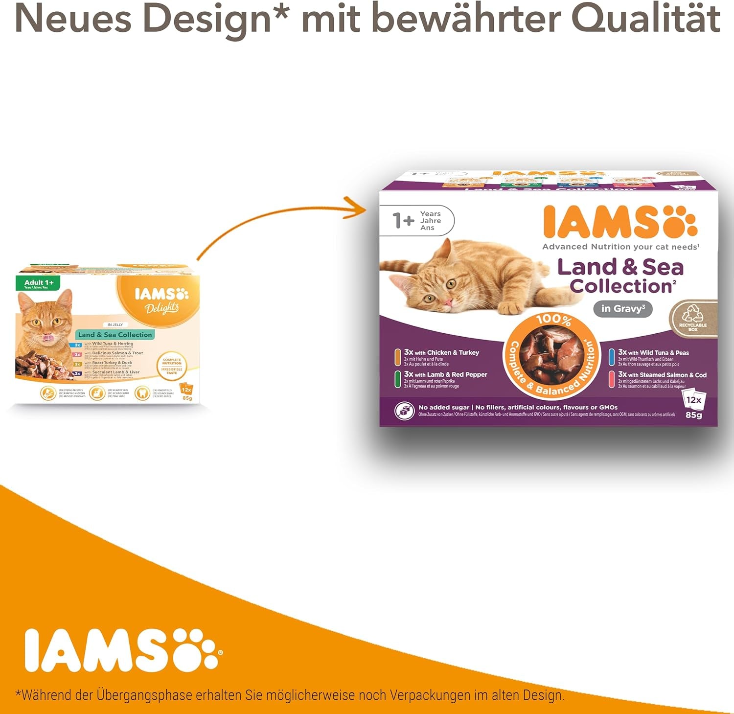 IAMS Delights Land & Sea Collection Hrană umedă pentru pisici - Pachet multiplu cu sortimente de carne și pește în sos, hrană umedă pentru pisici de la 1 an, 72 x 85 g
