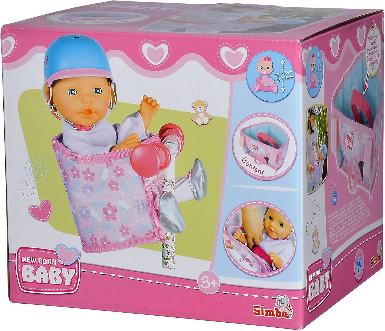 Simba 105560018 - Scaun de bicicletă pentru nou-născuți cu centură, accesoriu pentru păpușă, scaun din material textil, centură de siguranță, ghidon cu velcro, pentru păpuși de 30-43 cm, vârste 3+