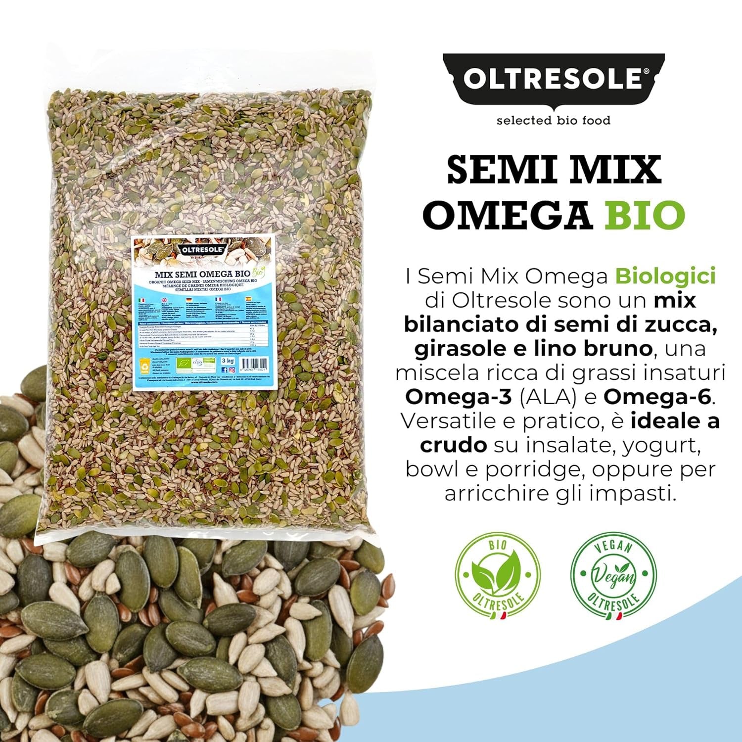 Bio-Omega-Samenmischung 3 kg (Mischung aus Kürbis-, Sonnenblumen- und Leinsamen), eine Mischung aus 3 ganzen rohen Ölsaaten, reich an Proteinen, Ballaststoffen und Omega-3-Fettsäuren