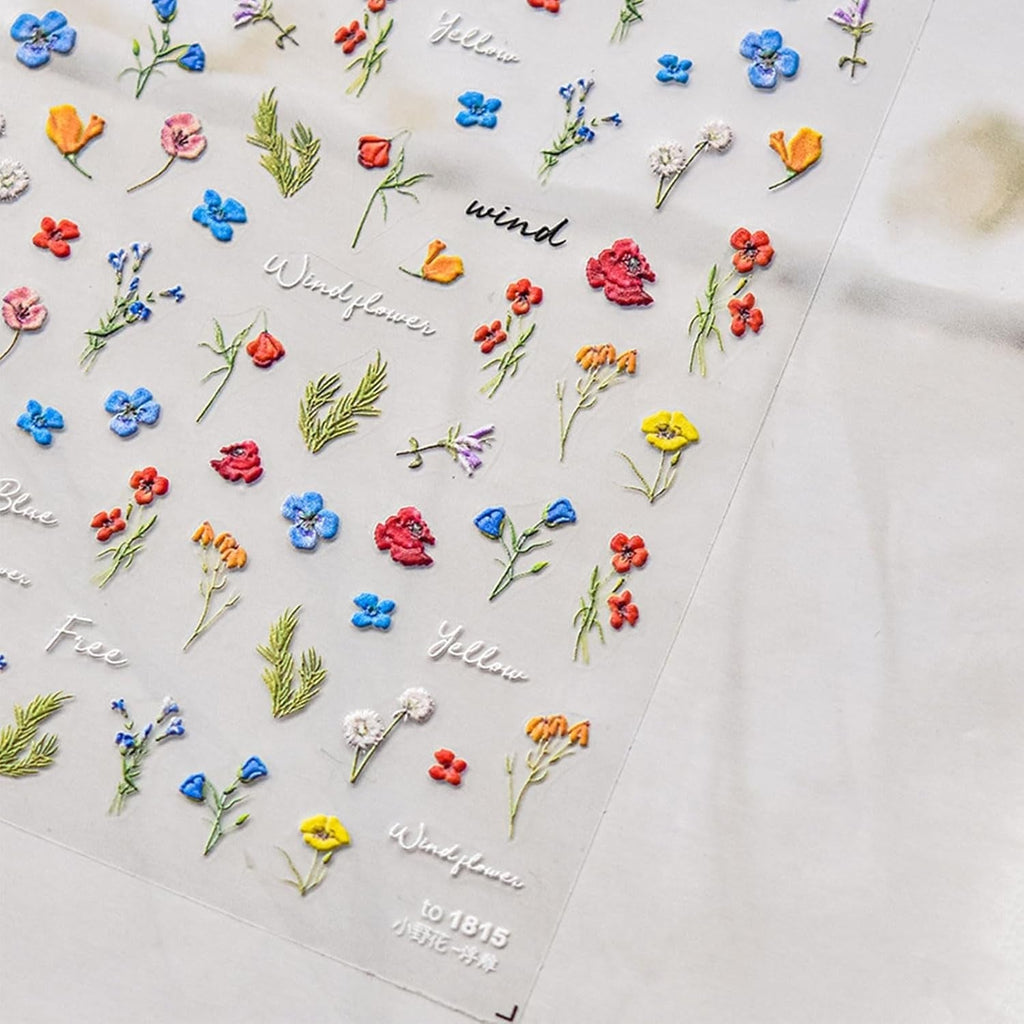 JMEOWIO 3D Nagelsticker Bunte Blumen Nail Art Sticker Selbstklebend Nagelaufkleber 5D Stereoskopisch Frühlings Sommer Blumen Dekoration Nageldesign Zubehör 2 Blatt