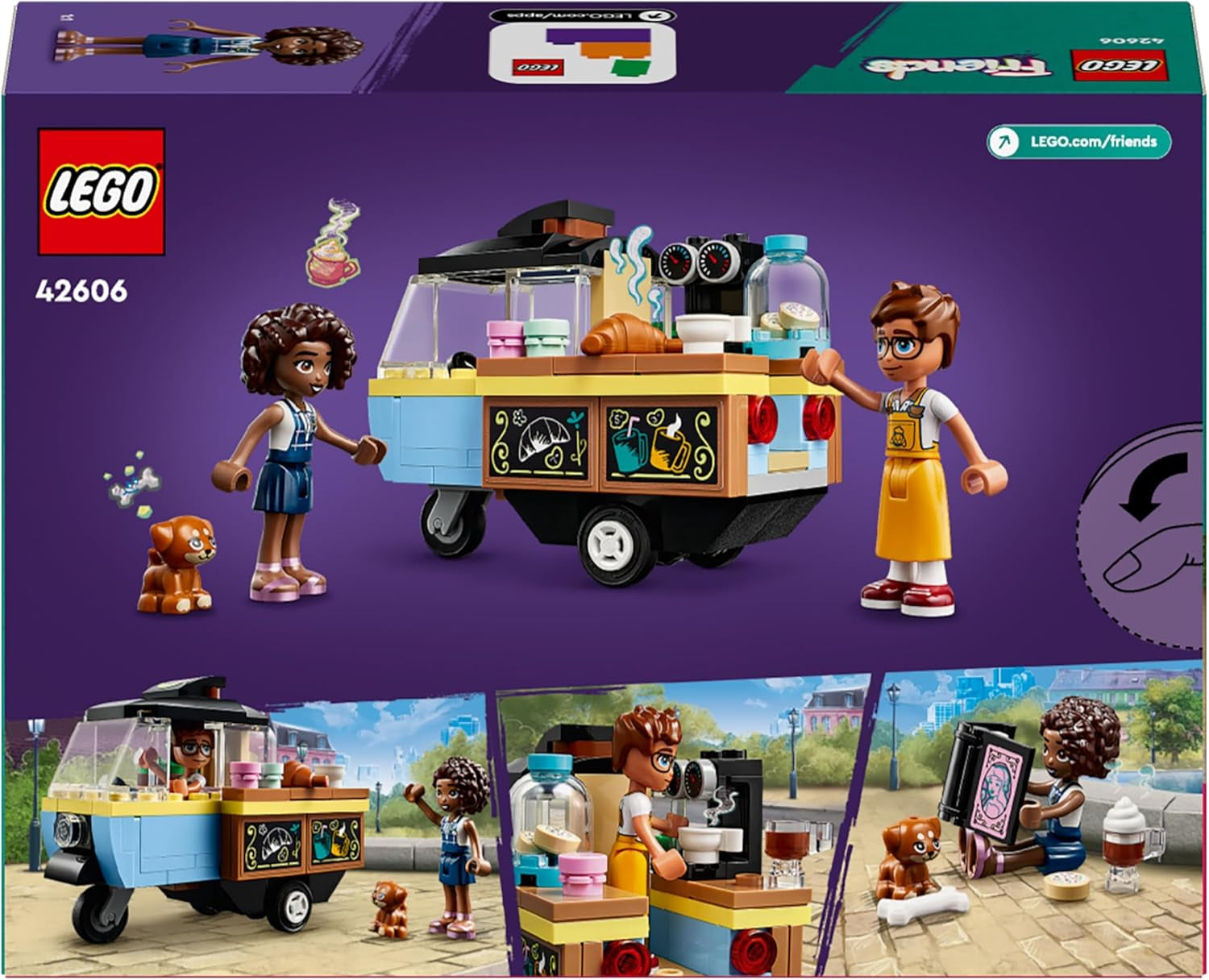 LEGO Friends Rolling Café Kleines Backspielzeug für Kinder, Geschenk für Mädchen und Jungen ab 6 Jahren, Lernspielzeug mit Aliya, Jules und Aira dem Hund 42606 Bausets Beuche den LEGO-Store
