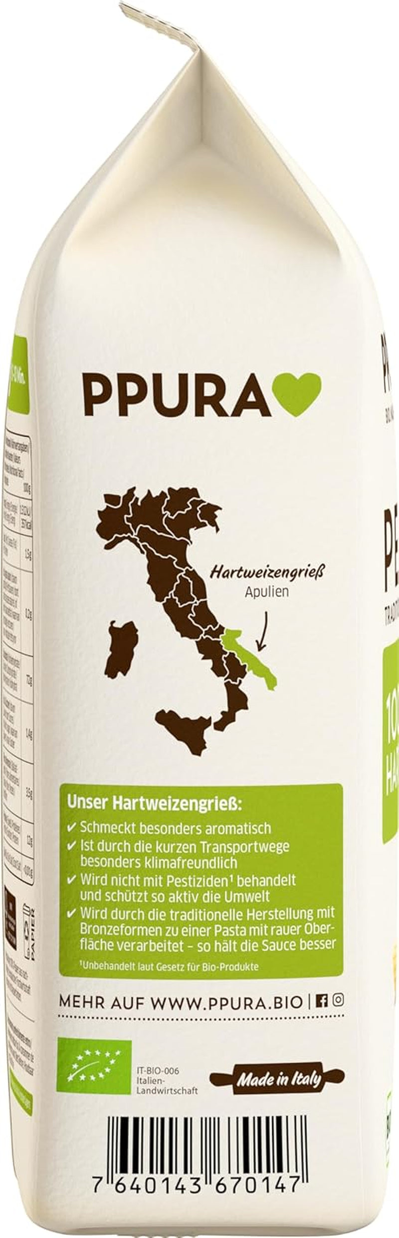 PPURA Bio-Hartweizen-Penne-Nudeln 500 g, 100 % natürliche Röhrennudeln, hergestellt in Italien – italienische Nudeln ohne Zusatzstoffe, Farb- oder Konservierungsstoffe
