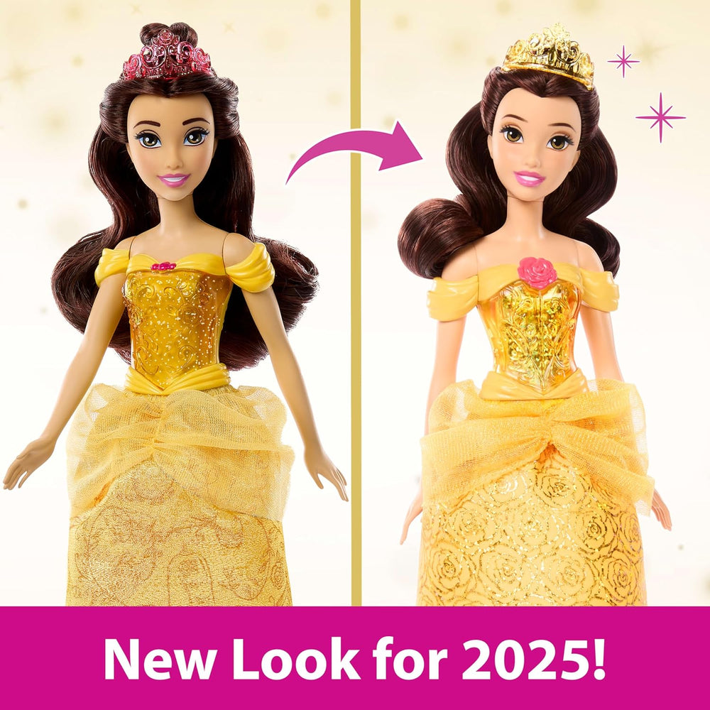 Jucărie Mattel Disney Princess, Păpușă la modă Belle articulată cu haine și accesorii strălucitoare, inspirată din filmul Disney, cadou pentru copii, HLW11