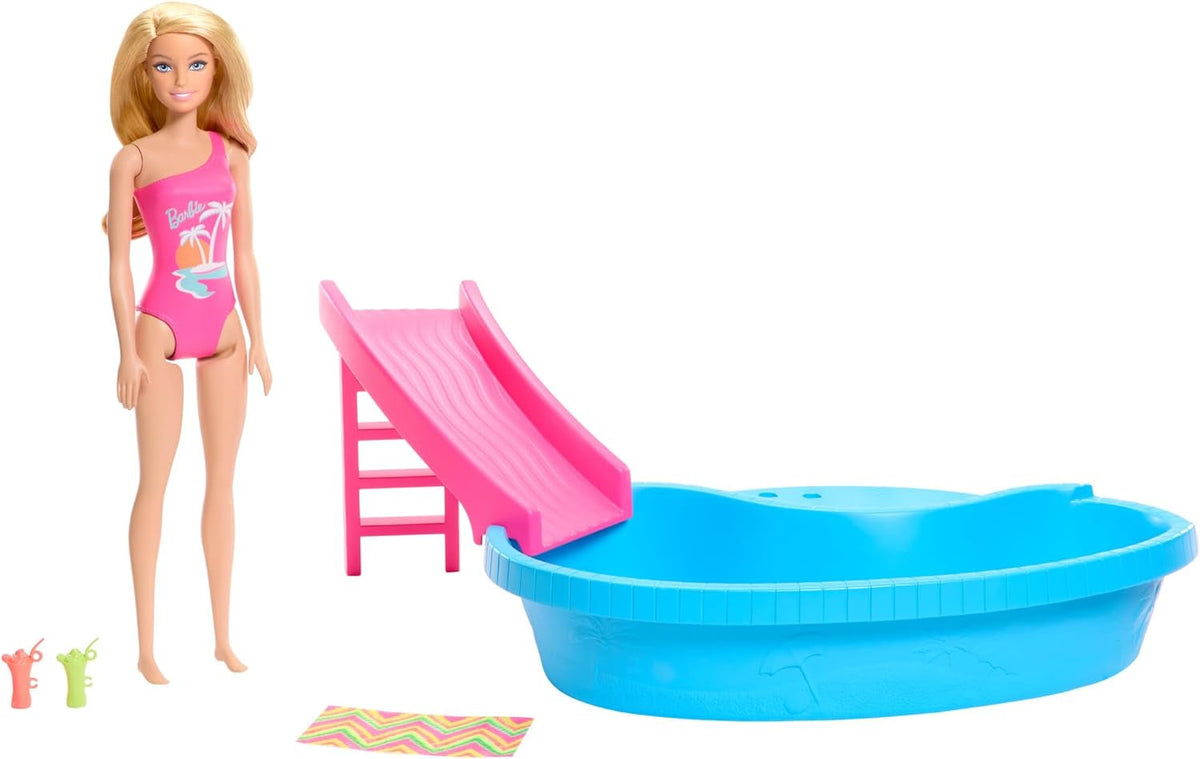 Barbie-Puppe und Zubehör – Pool mit Rutsche und Zubehör für stundenlangen Spaß in der Sonne, rosa Badeanzug mit tropischem Design, für Kinder ab 3 Jahren, HRJ74 Naty Shop Dollhouses Standardtitel