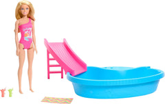 Barbie-Puppe und Zubehör – Pool mit Rutsche und Zubehör für stundenlangen Spaß in der Sonne, rosa Badeanzug mit tropischem Design, für Kinder ab 3 Jahren, HRJ74 Naty Shop Dollhouses Standardtitel