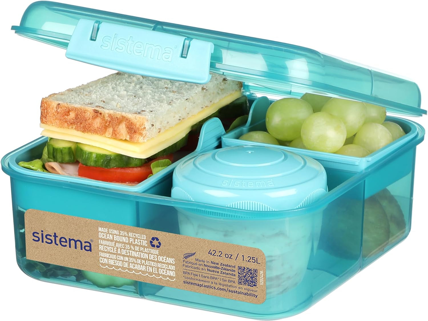 Sistema Bento Box TO GO lunch box cu compartimente | 1.25 L lunch box cu recipient pentru iaurt/fructe | pentru copii și adulți l | BPA-free | Minty Teal [21685-8T], verde mentă Cutii depozitare alimente Naty Shop Verde mentă (plastic reciclat) 1,25 L
