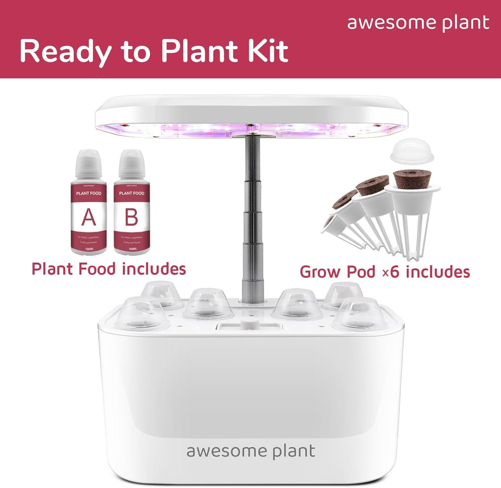 Kit sistem de creștere hidroponică 6Pro (6 capsule), kit de grădinărit interior cu rezervor de apă de 3 litri, 3 moduri de creștere și pompă silențioasă, kit pentru cultivarea ierburilor și a salatelor acasă, înălțime reglabilă până la 33,0 cm, alb