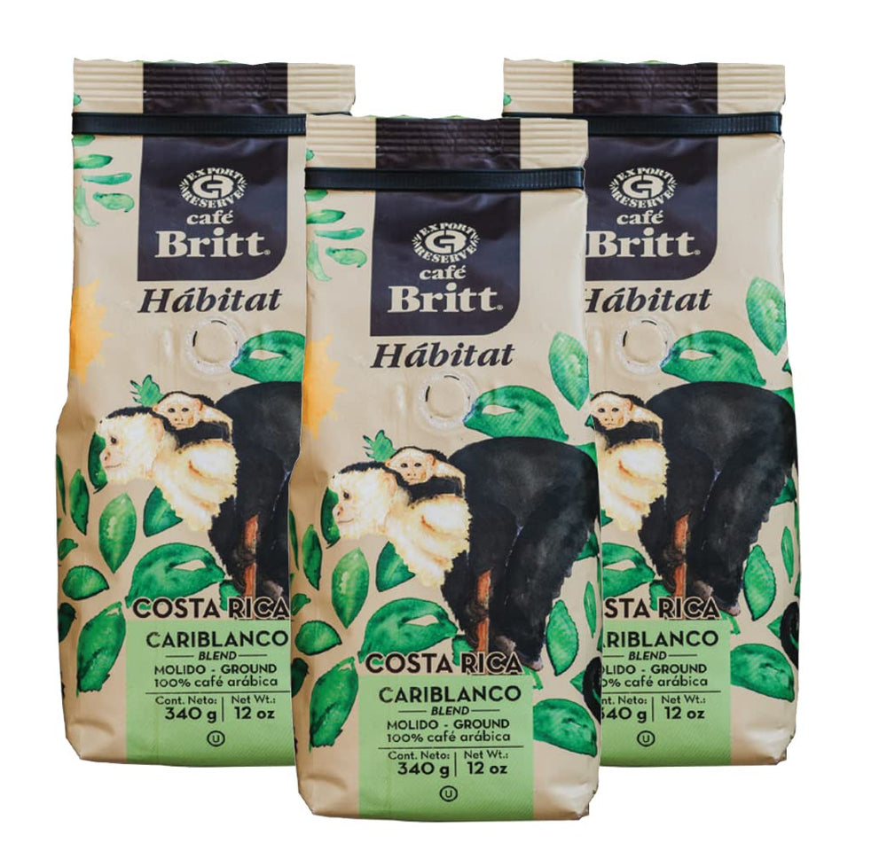 Café Britt® - Amestec Costa Rican Habitat Cariblanco (340 g) (Pachet de 3) Cafea Arabica boabe întregi, Kosher, fără gluten, prăjire gourmet și mediu închisă…