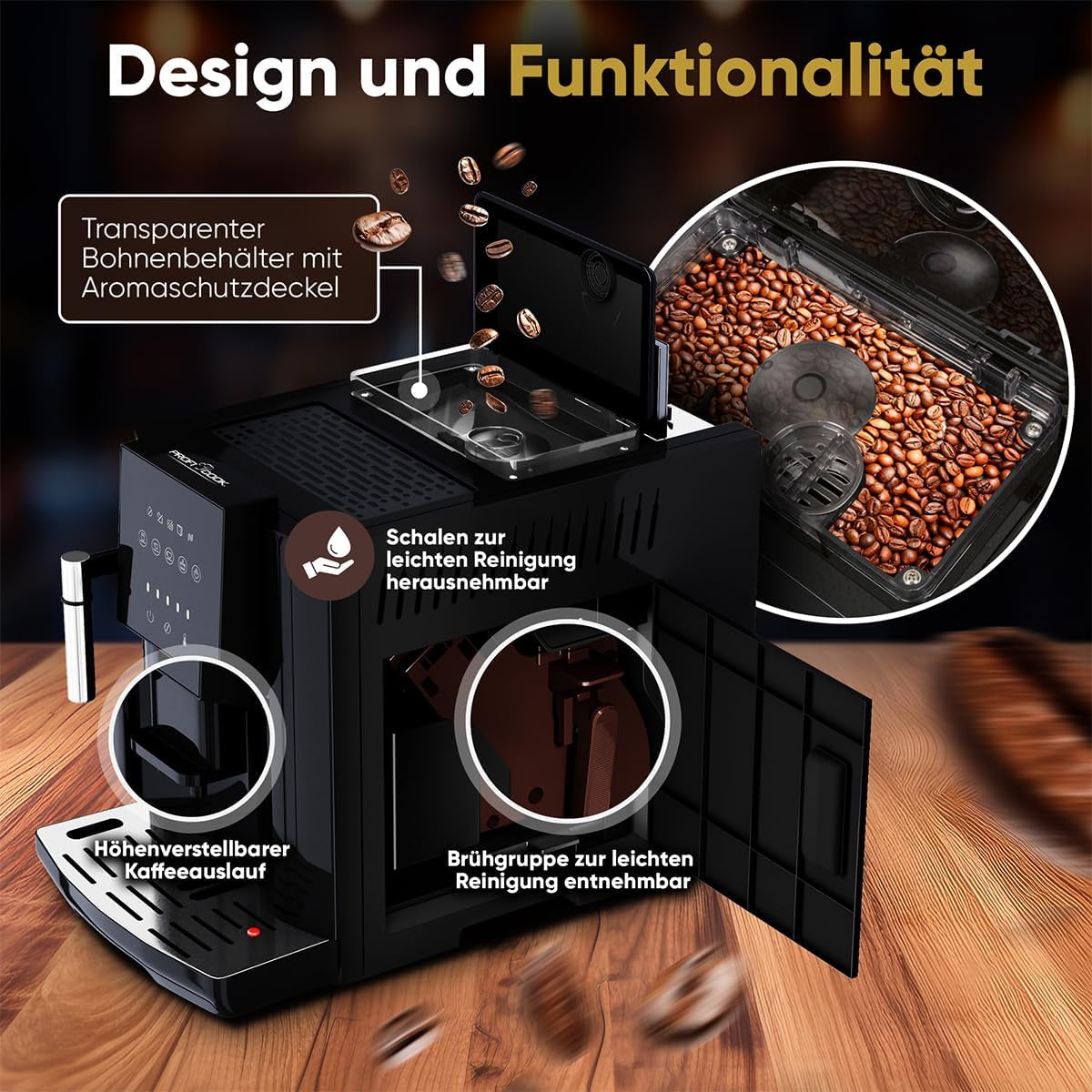 Espressor ProfiCook® complet automat cu spumator de lapte pentru cappuccino | Râșniță conică | cu funcție de încălzire a ceștilor | Pompă profesională italiană | Ecran tactil | Espressor | PC KAV 1281