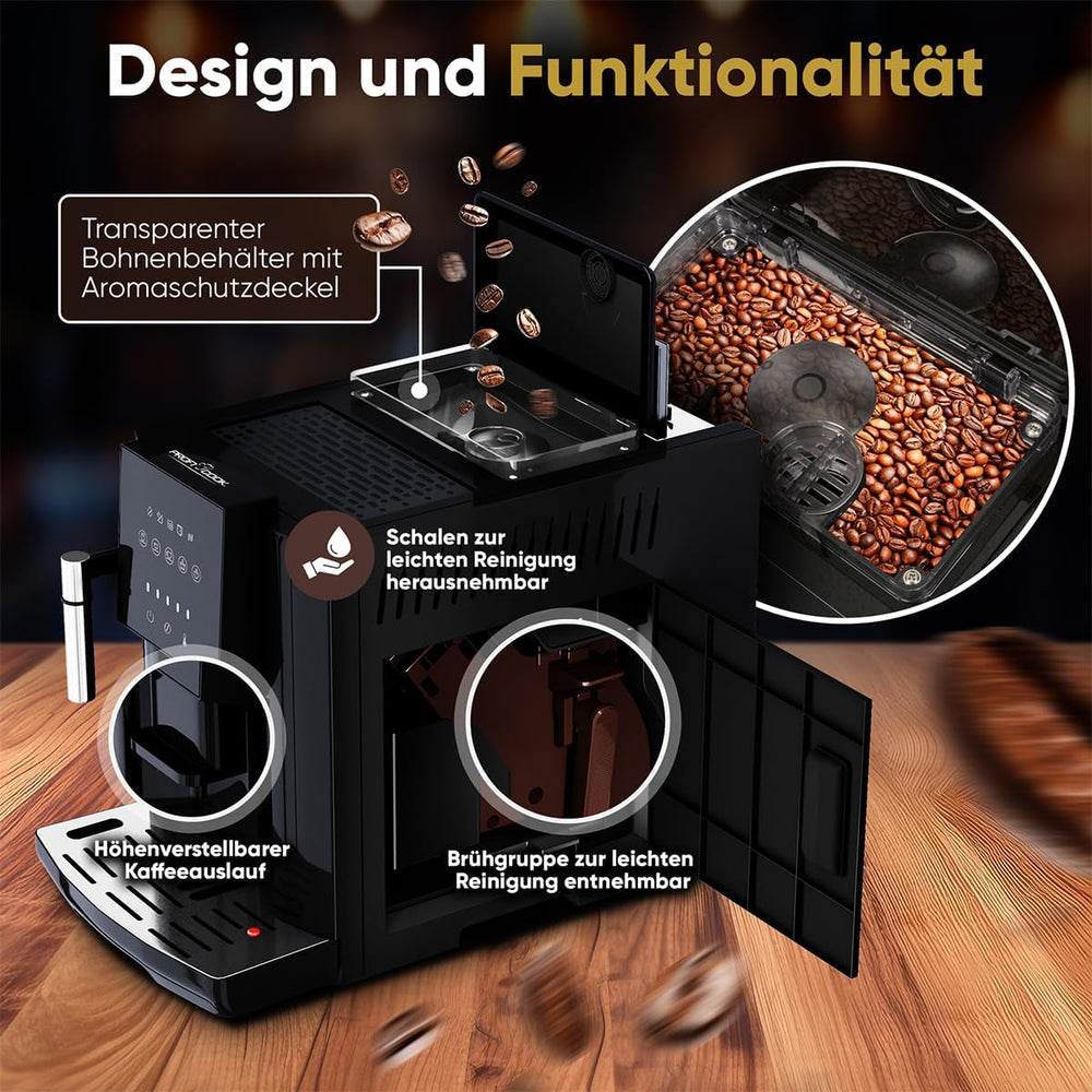 Espressor ProfiCook® complet automat cu spumator de lapte pentru cappuccino | Râșniță conică | cu funcție de încălzire a ceștilor | Pompă profesională italiană | Ecran tactil | Espressor | PC KAV 1281