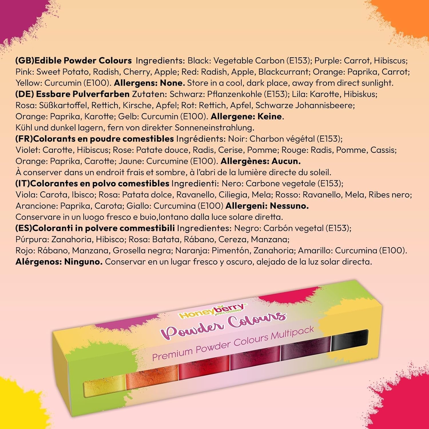 Colorant alimentar natural pudră (6 x 3,5 g) – Pachet multiplu de coloranți comestibili pudră – Culoare foarte concentrată pentru glazură, fondant, decorațiuni pentru torturi și macarons – Sigur pentru alimente și vegan (cald, se fixează)