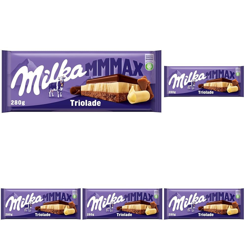 Milka Triolade 1 x 280g | Große dreischichtige Schokoladentafel | Alpenmilchschokolade, weiße und dunkle Schokolade | Milka-Schokolade aus 100 % Alpenmilch | Schokoriegel (5er Pack)