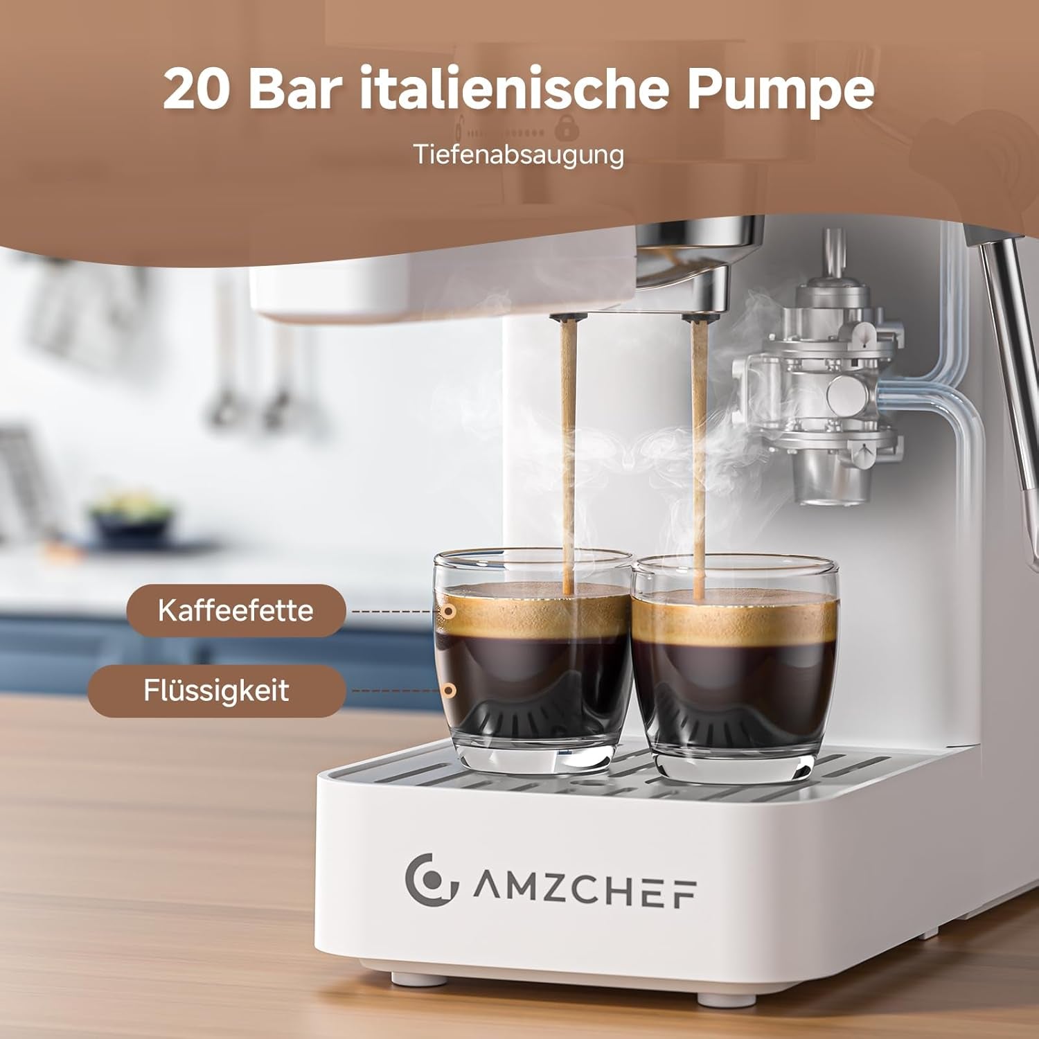 Espressor AMZCHEF cu 20 de bari, afișaj LED, spumator de lapte profesional și lance de abur din oțel inoxidabil, rezervor detașabil de 1,5 l, încălzire rapidă de 1350 W, alb