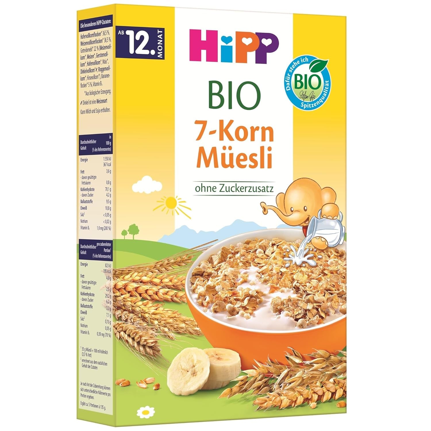 HiPP Bio-Müsli mit 7 Körnern (8 x 200g), ab 12 Monaten, ohne Zuckerzusatz, extrafeine Stücke – leicht zu kauen, beste Bio-Qualität