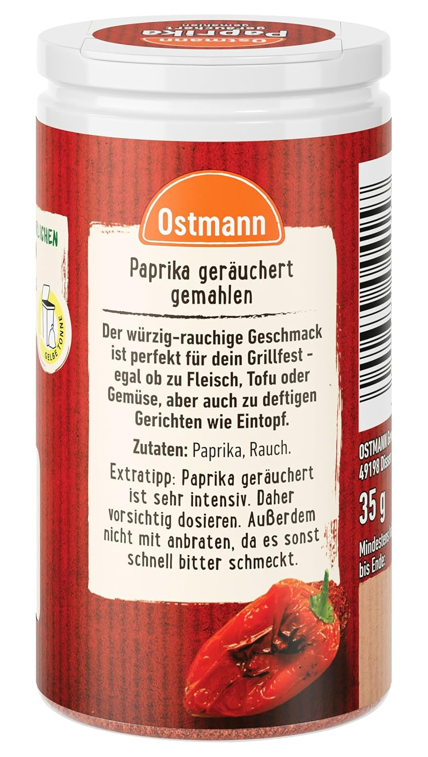 Ostmann Gewürze - Paprika geräuchert | Rauchiges Aroma für Bratkartoffeln, Gulasch oder Rührei | 35 g in der Streudose