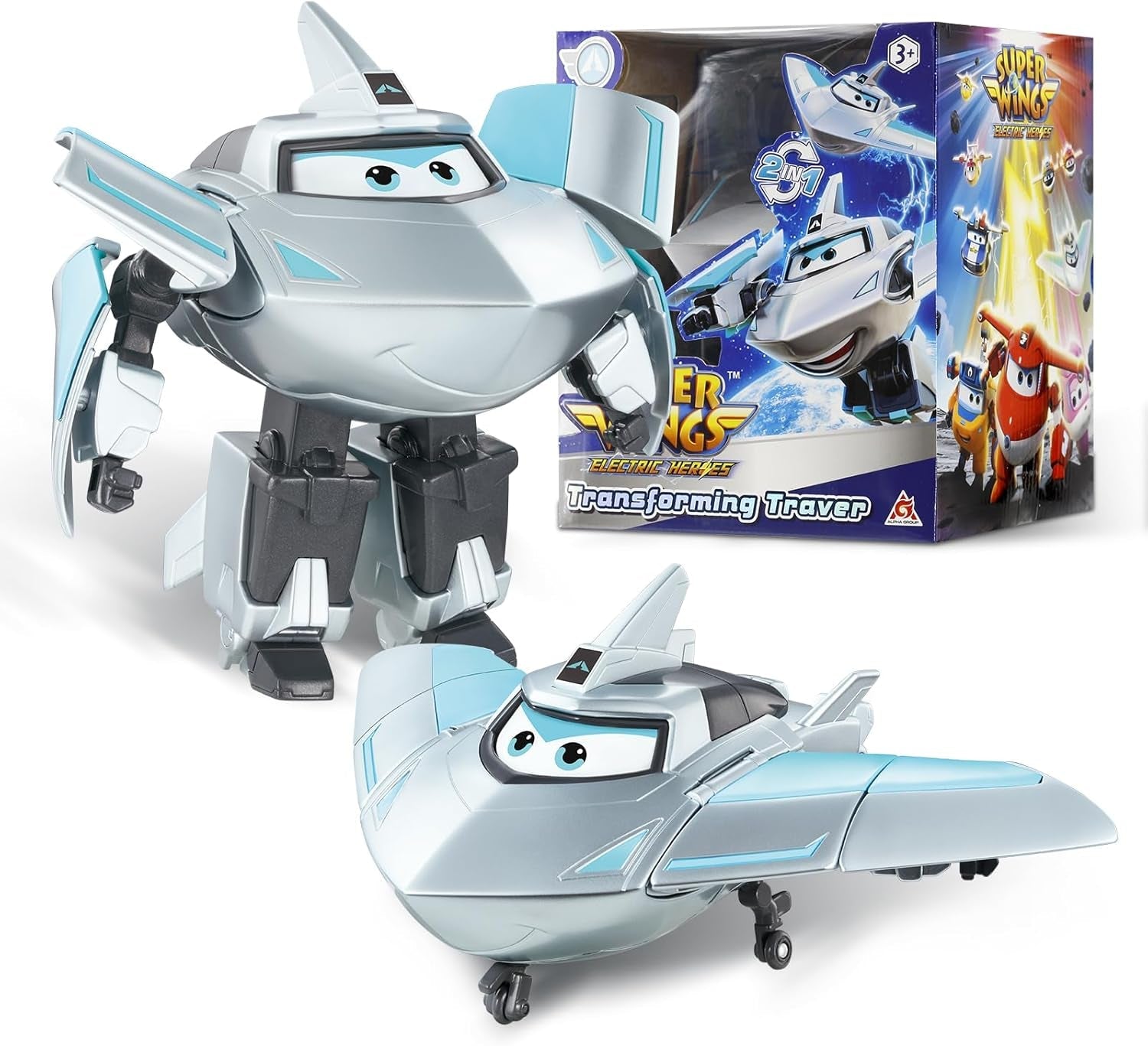 Super Wings Transformationsflugzeug Supercharged Traver, ca. 12,7 cm große Kinderspielfigur Spielzeugflugzeug und Roboterfigur für Jungen und Mädchen ab 3 Jahren Silberne Actionfiguren Naty Shop Traver