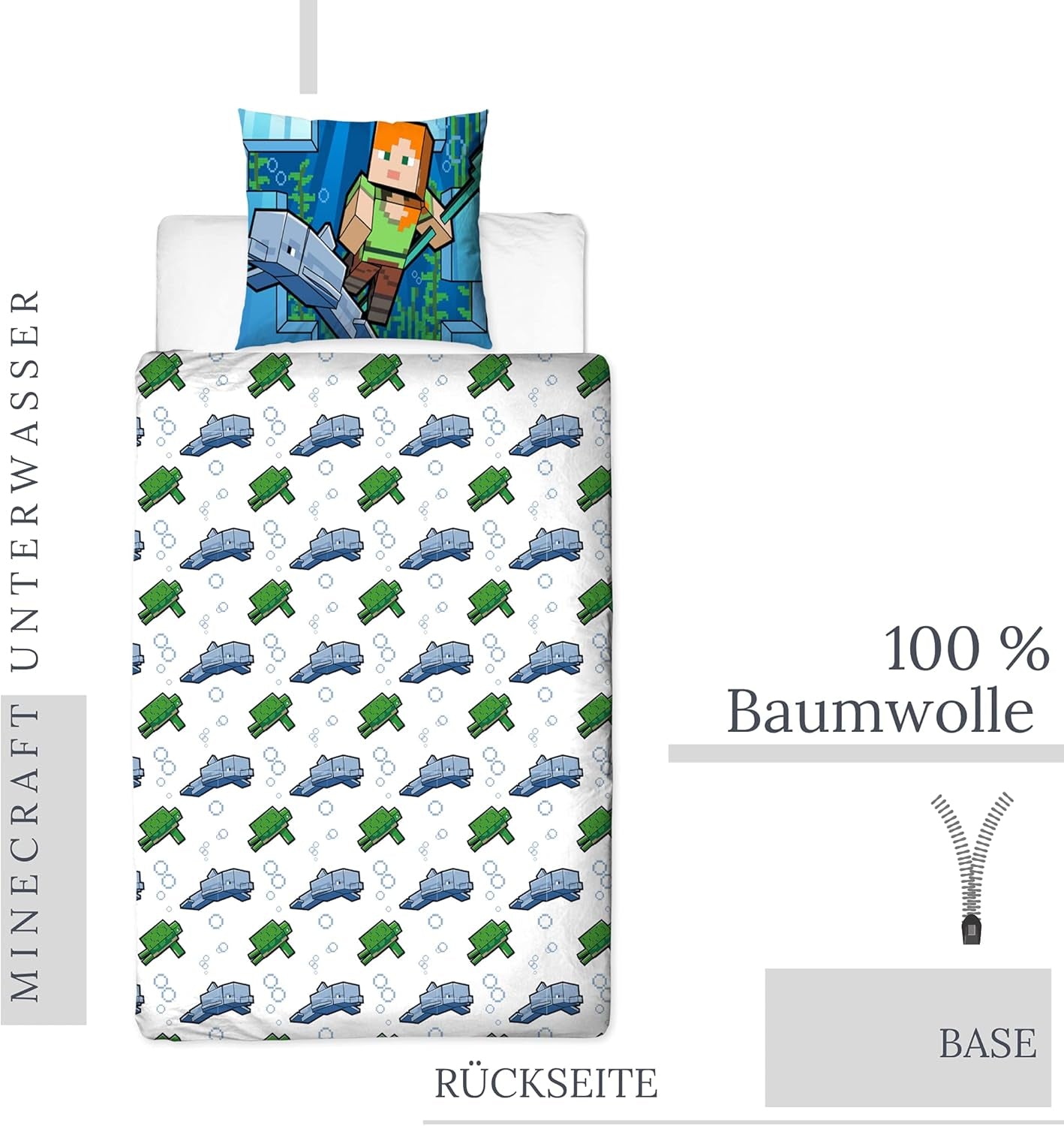 Minecraft Bettwäsche Kinderbettwäsche Jugendbettwäsche 135X200 · Unterwasserwelt · Wende Motiv · Kissenbezug 80X80 + Bettbezug 135X200 Cm · 100% Baumwolle · Deutsche Größe Naty Shop