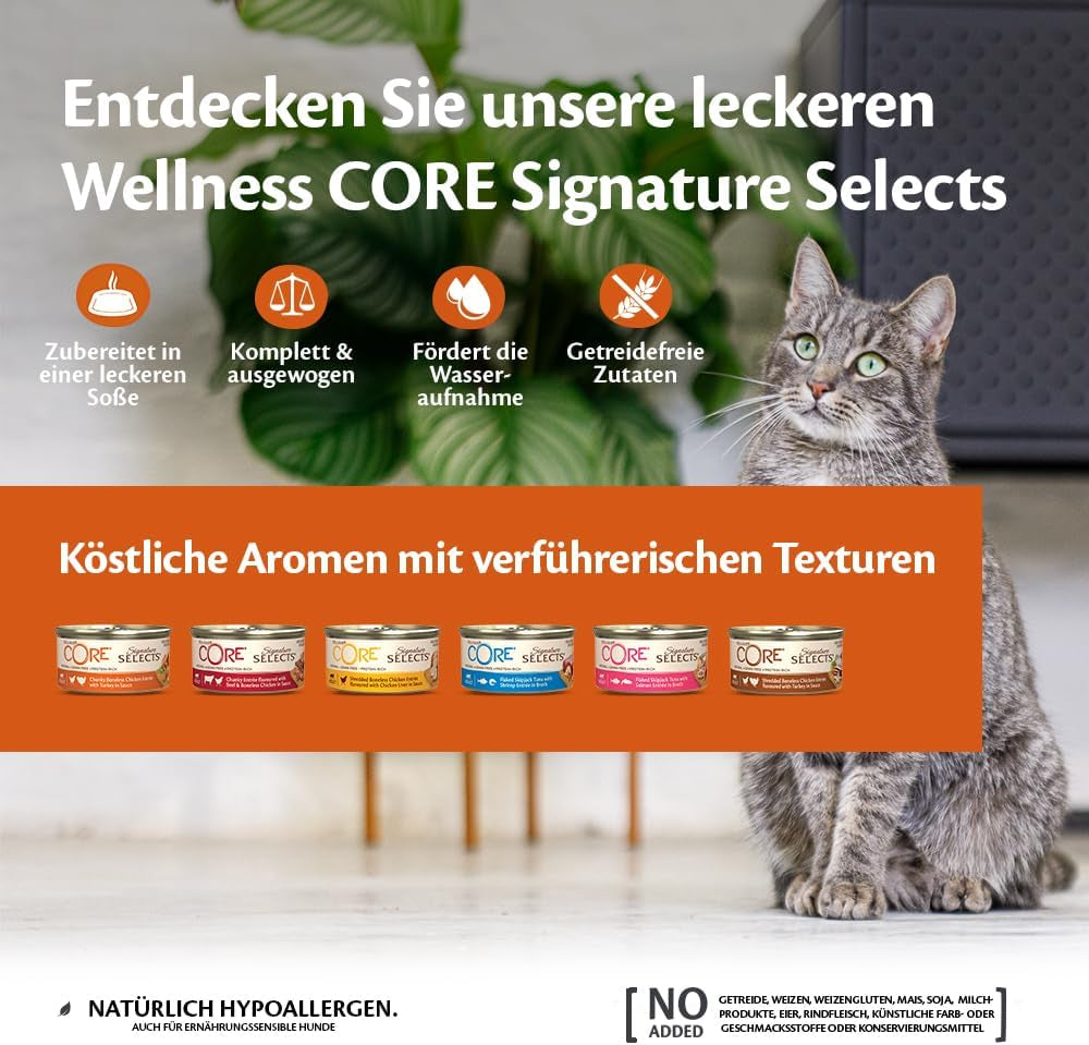 Wellness CORE Signature Selects 8 x 79g, Mix de pui și curcan – Hrană umedă pentru pisici, fâșii delicioase în sos, fără cereale, naturală, hipoalergenică, bogată în proteine, conținut ridicat de carne