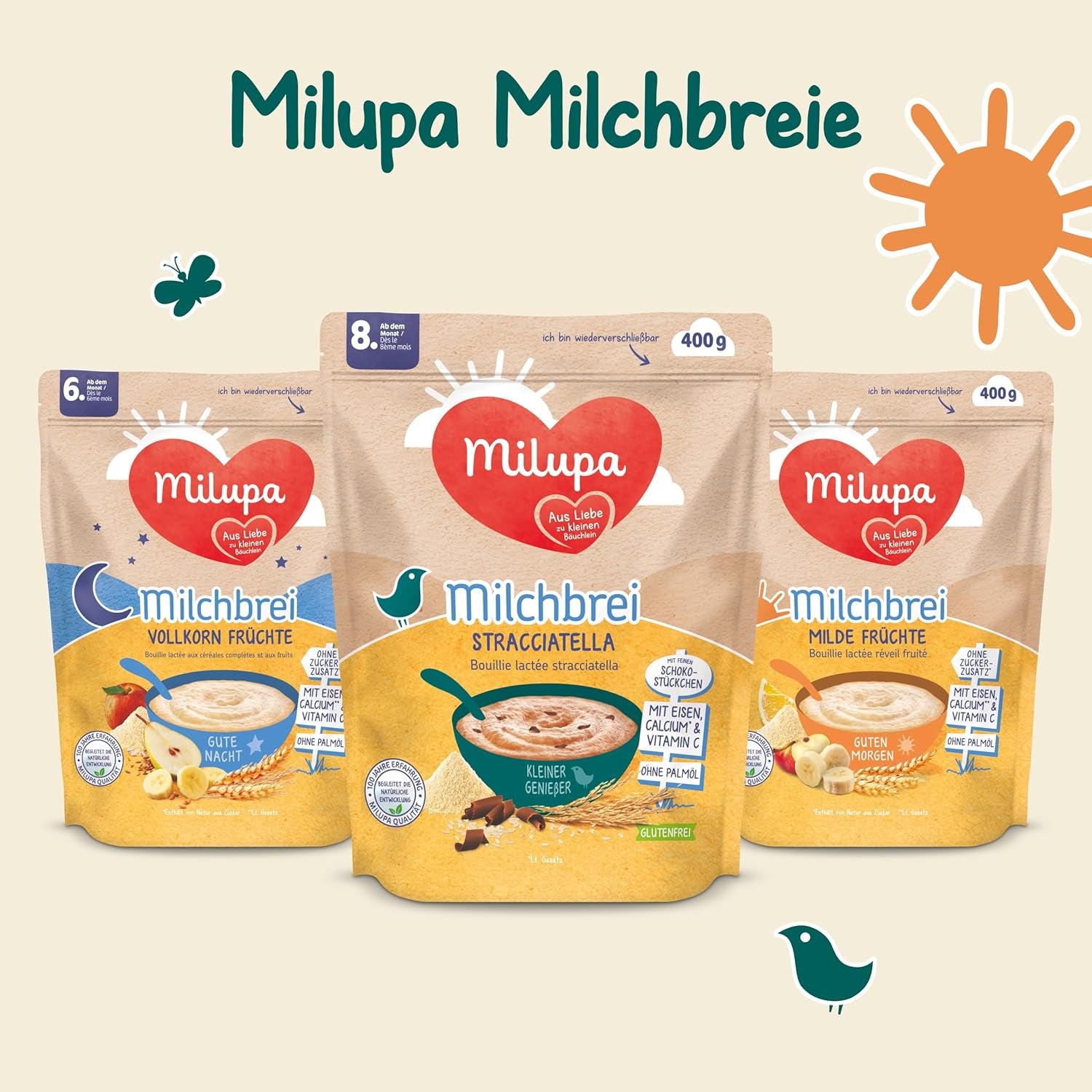 Milupa Stracciatella Milchbrei – Glutenfreies, palmölfreies Babymüsli – Frei von Konservierungs- und Farbstoffen – Ab 8 Monaten – 4 x 400 g