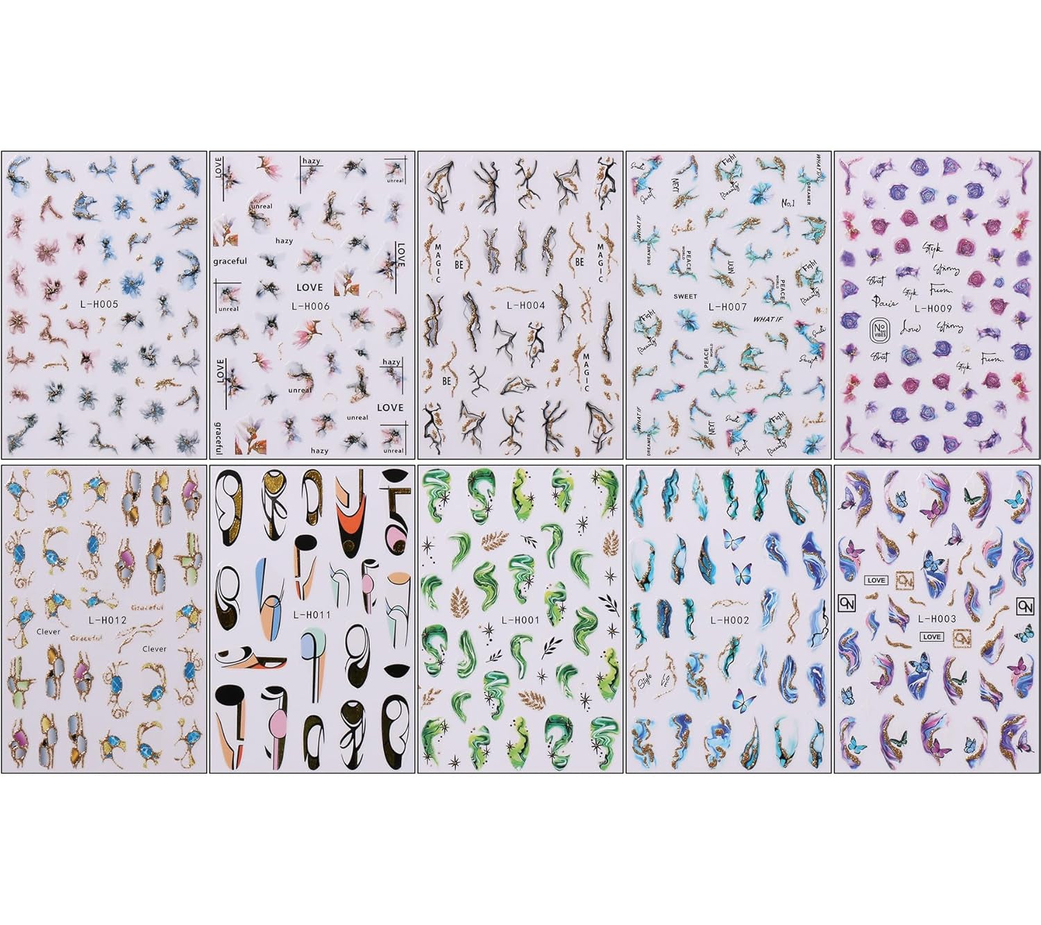 Jmeowio JMEOWIO Nagelsticker Marmor Französische Spitze 10 Blatt Nail Art Sticker Selbstklebend Nagelaufkleber Bunt Dekoration Nageldesign Zubehör