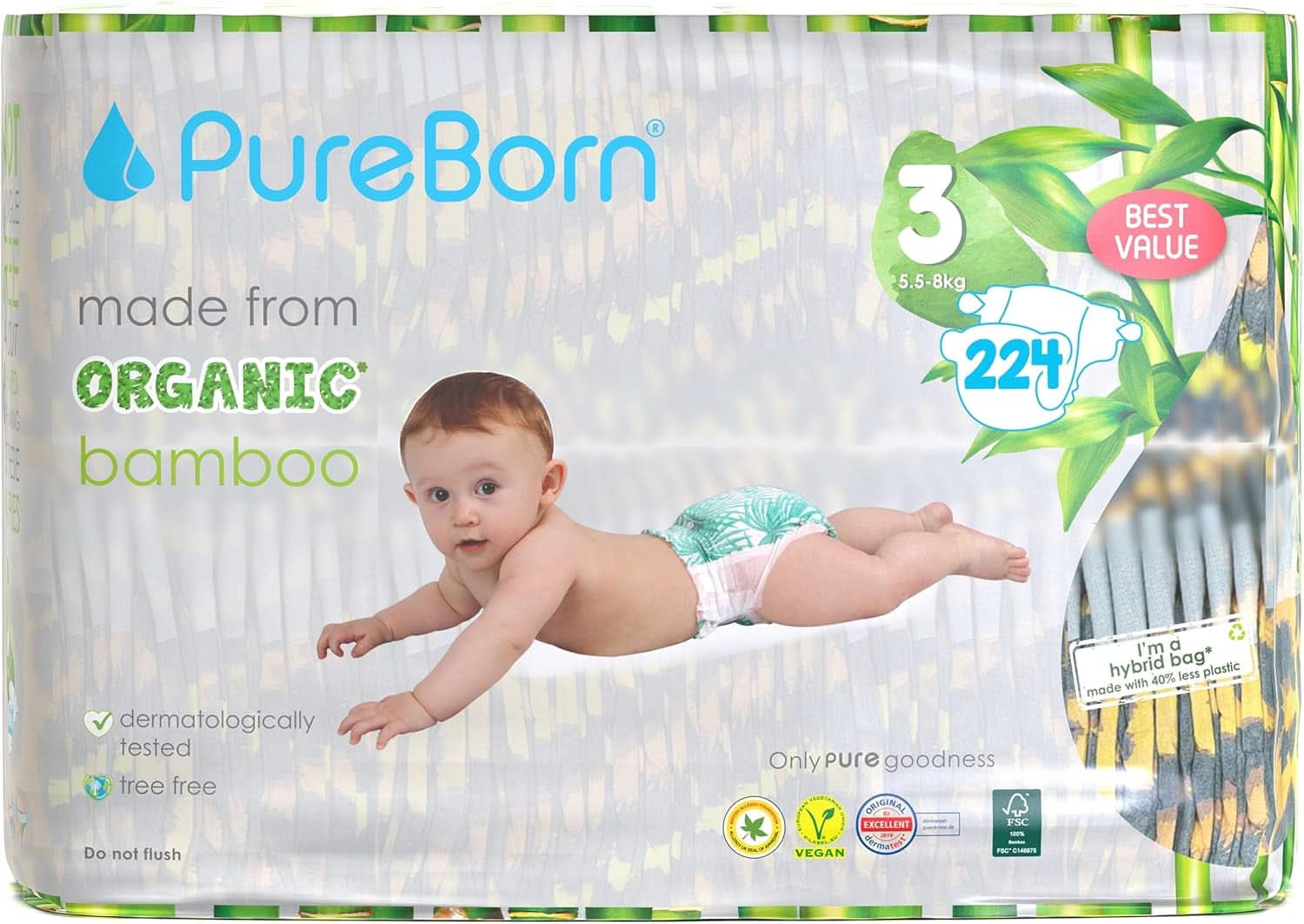 Scutece din bambus organic Pureborn Eco, marimea 3 (5,5-8 kg), 224 bucati (2 x 112), ecologice, hipoalergenice, ultra-moale, cu indicator de umiditate, diverse imprimeuri Mama si Copilul Naty Shop