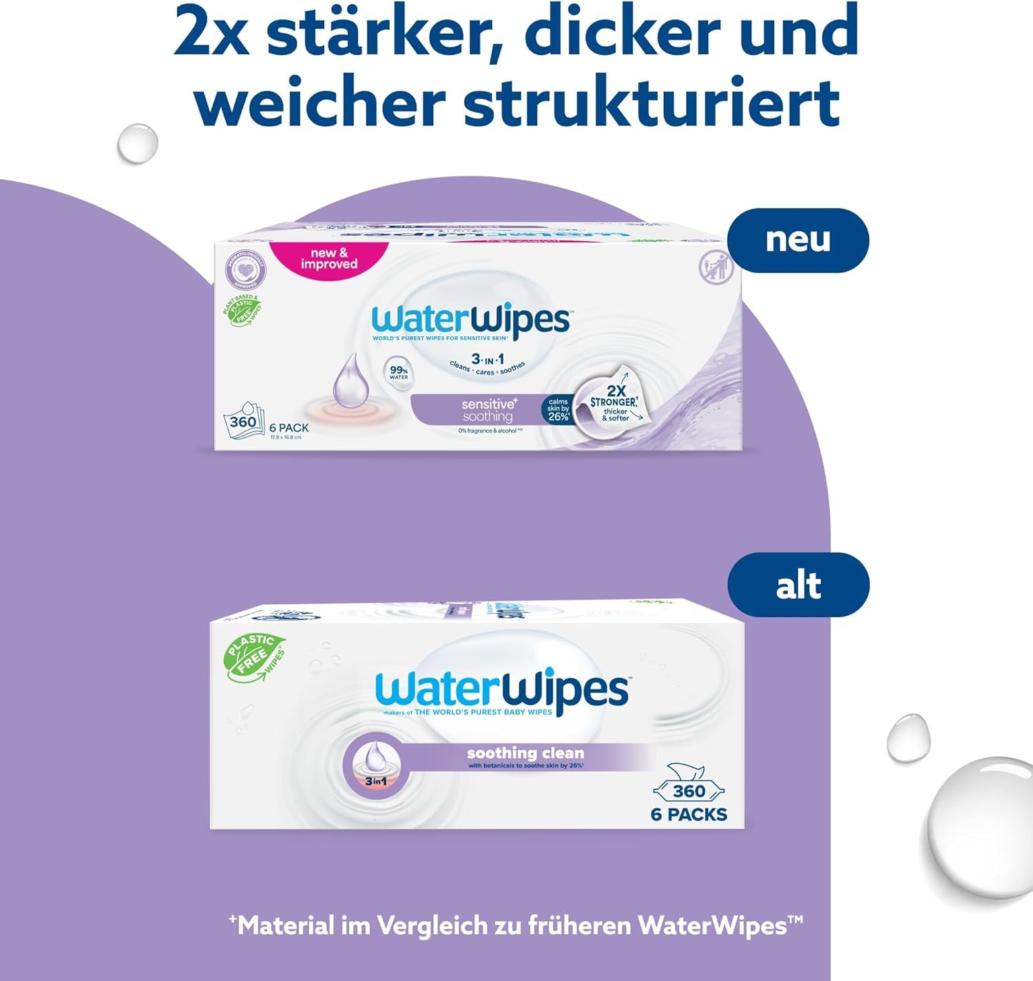 WaterWipes Sensitive+ Soothing Clean, 360 Stück (6er-Pack), 3-in-1-Reinigung, Pflege und Beruhigung, 99 % Wasser mit Pflanzenextrakt, parfümfreie Babytücher
