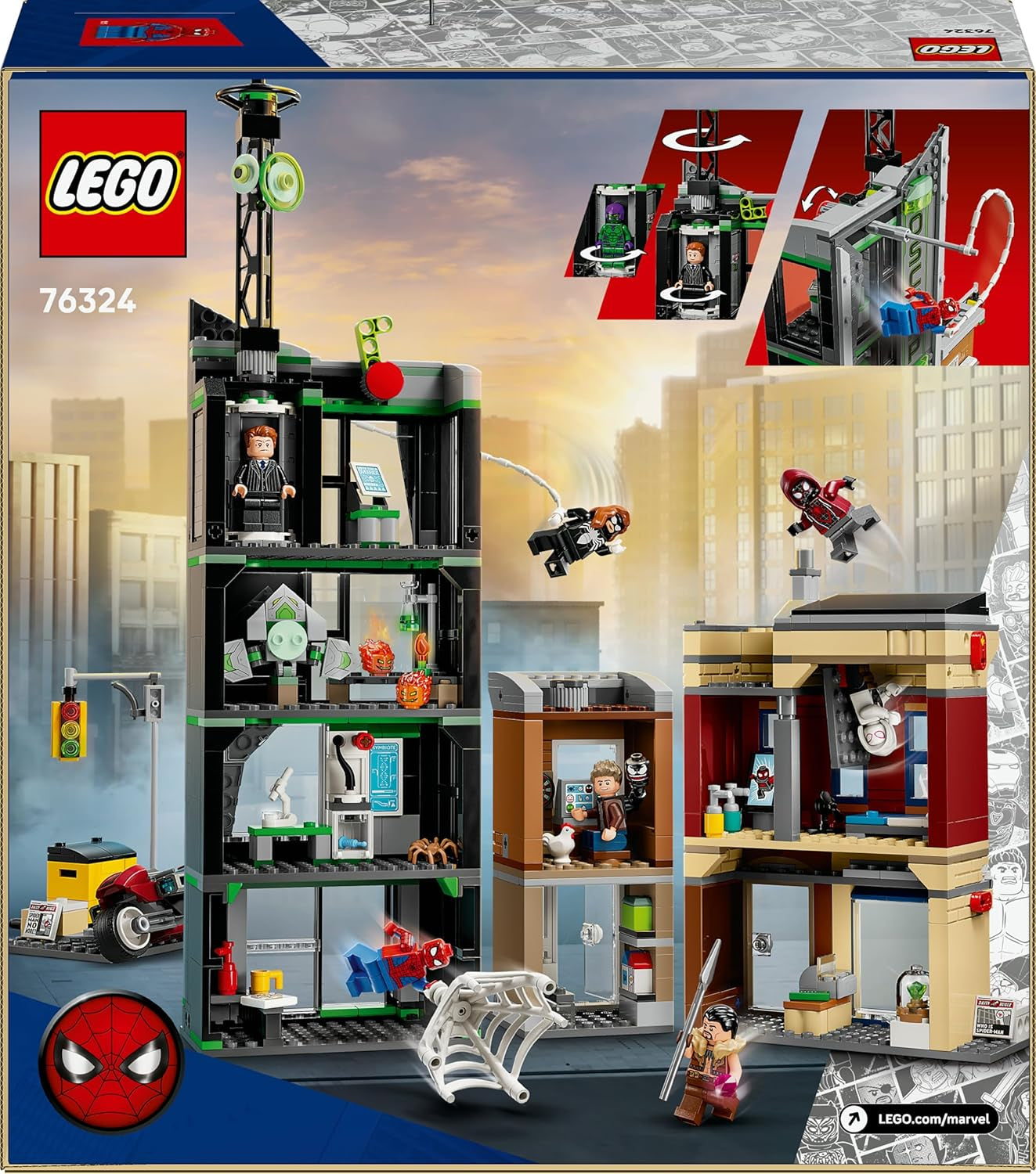 LEGO ǀ Marvel Spider-Man Vs. Oscorp – Bauset zum Sammeln für Kinder mit 8 Minifiguren, darunter auch Spider-Woman, Miles Morales, Ghost Spider und Green Goblin – Geschenk ab 10 Jahren – 76324