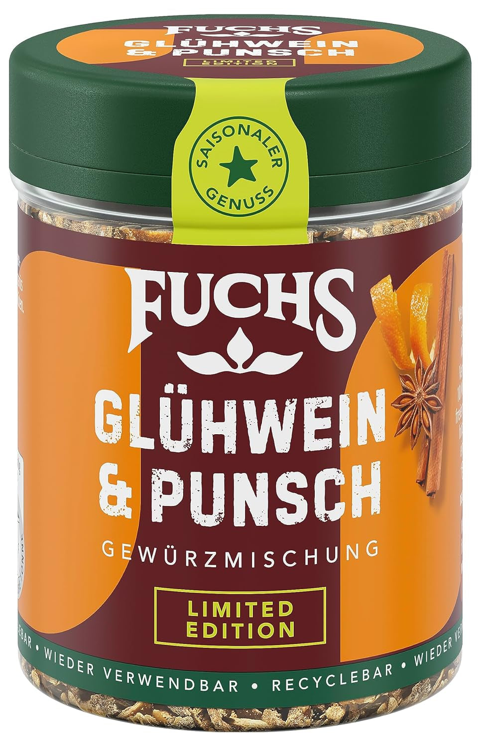 Fuchs Gewürze - Glühwein und Punsch Gewürze - weihnachtliche Gewürzmischung für Wein und Punsch - aus natürlicher Zutat - 40 g in wiederverwendbarer, recyclebarer Dose