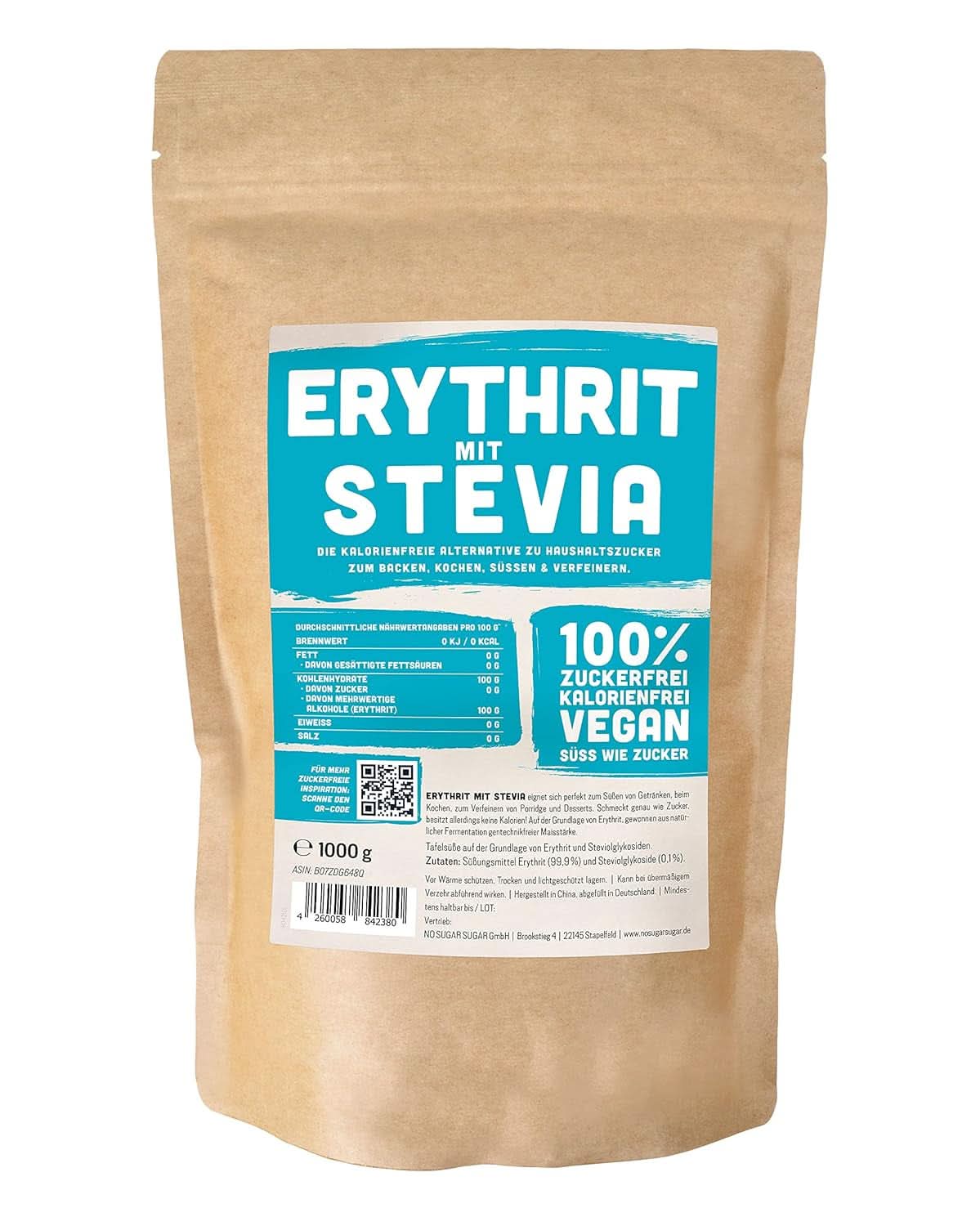 Erythrit + Stevia Natürlicher Zuckerersatz ohne Kalorien 1:1, 1 kg Süßstoffe Naty Shop