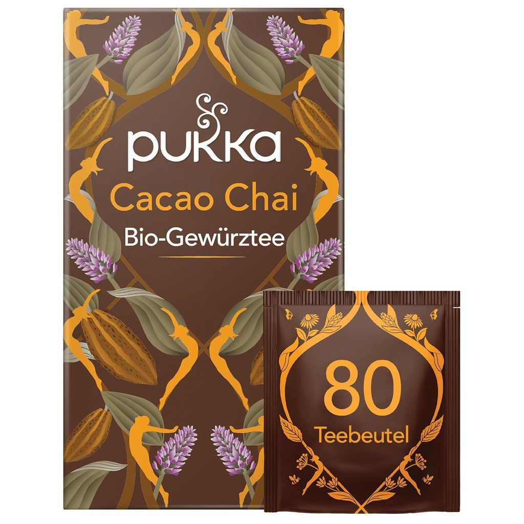 Set de ceai Pukka, ceai cu condimente bio „Cacao Chai”, cacao, scorțișoară, cardamom, rădăcină de cicoare, pentru momente de relaxare, pachet de 4, 80 pliculețe de ceai