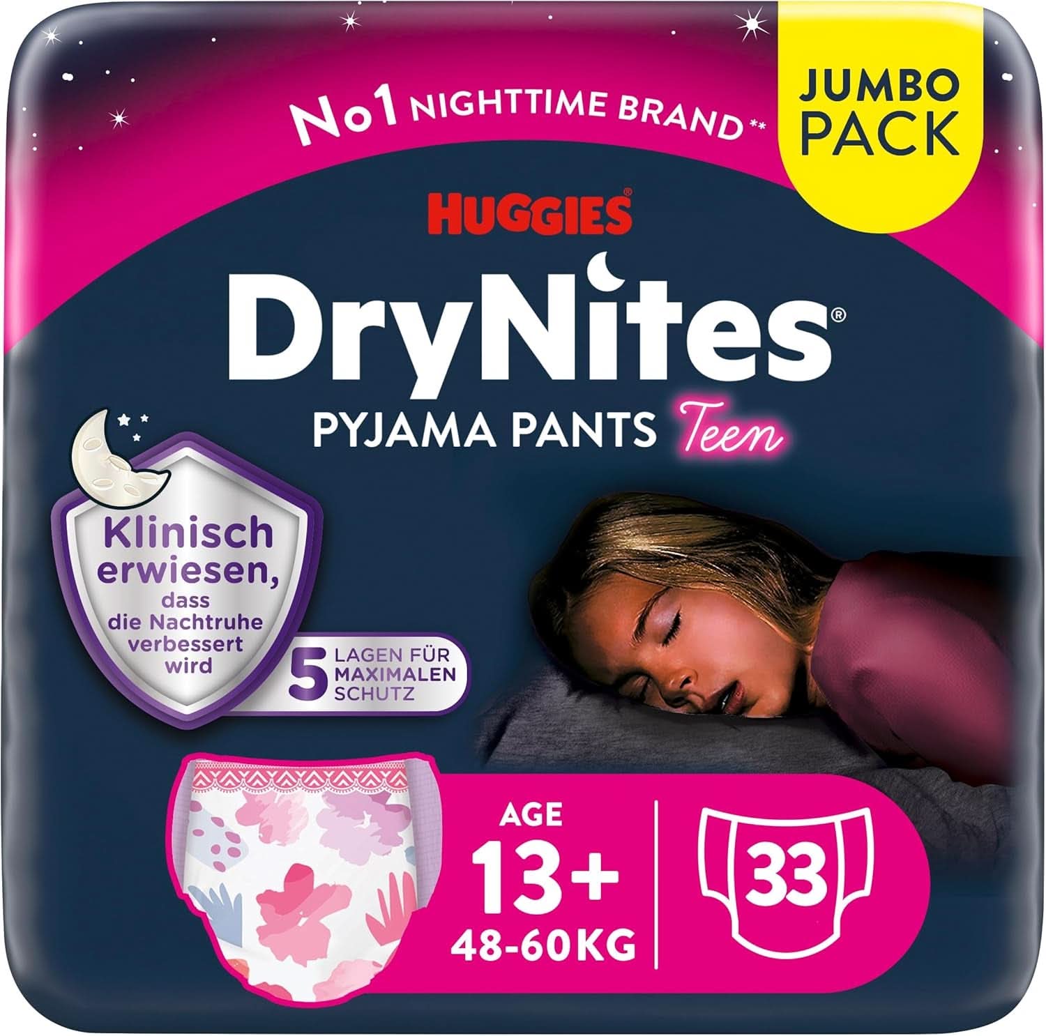 Huggies Drynites Nachtwindeln Bei Bettnässen, Für Mädchen Ab 13 Bis Ca. 17 Jahre (48-60 KG), 33 Stück (3X11), Jumbo-Monatspack, Windelhosen XL Zubehör Essen und Stillen Baby Naty Shop
