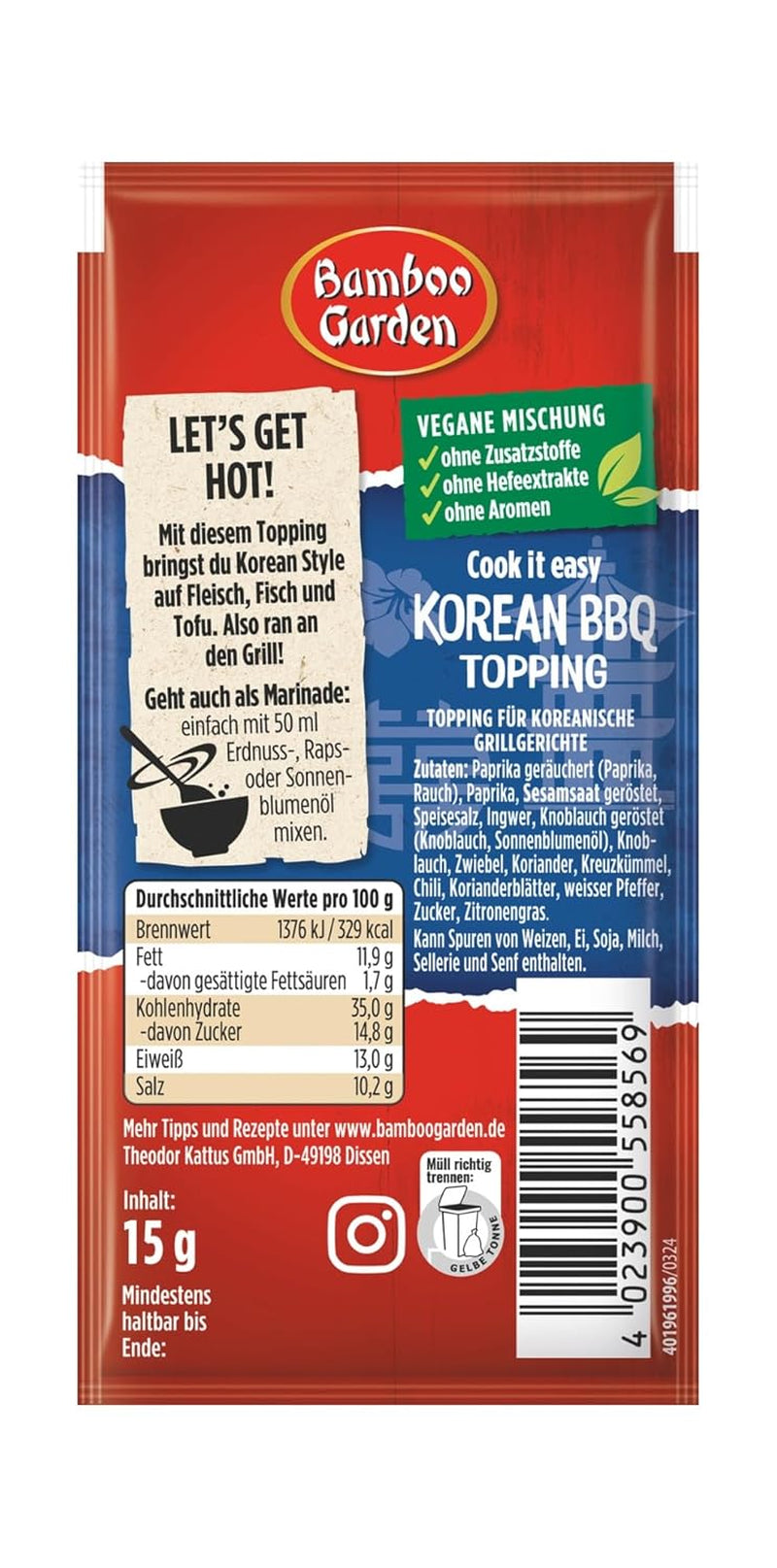 Bamboo Garden – Koreanisches BBQ-Topping | Gewürztopping zum Verfeinern von Koreanischen Grillgerichten | Vegane, natürliche Zutaten | 15 g im Beutel