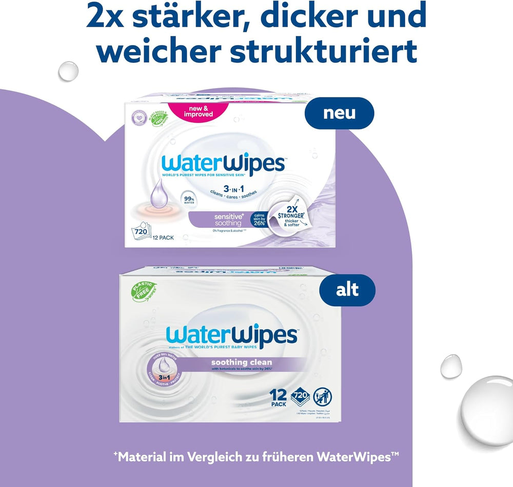 WaterWipes Sensitive+ Beruhigende, saubere Feuchttücher, 720 Stück (12er-Pack), 3-in-1-Reinigung, Pflege und Beruhigung, 99 % Wasser mit Pflanzenextrakt, parfümfreie Baby-Feuchttücher