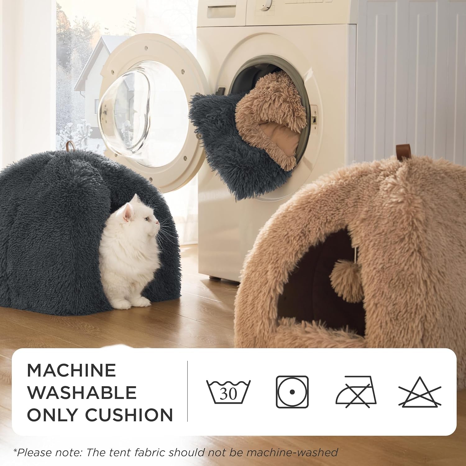 BEDSURE Katzenbett große Katzen Katzenhöhle- 44x44x44 cm Plüsch Katzenhaus Indoor mit abnehmbarem Katzenkissen und hängendem Spielzeug, Katzen Bettchen waschbar, dunkelgrau