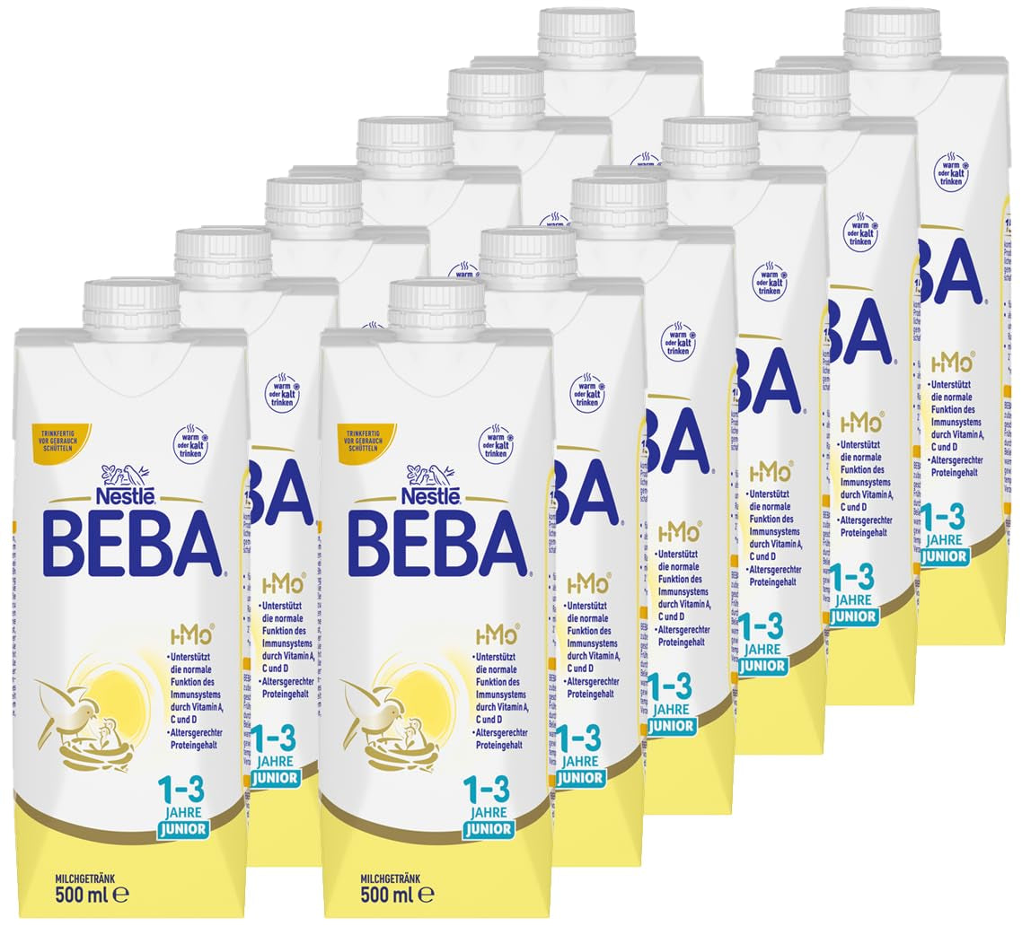 BEBA Junior trinkfertiges Milchgetränk 1-3 Jahre, mit HMO, altersgerechter Proteingehalt, palmölfrei, fischölfrei, Kleinkindnahrung, 12er Pack (12 x 500 ml)