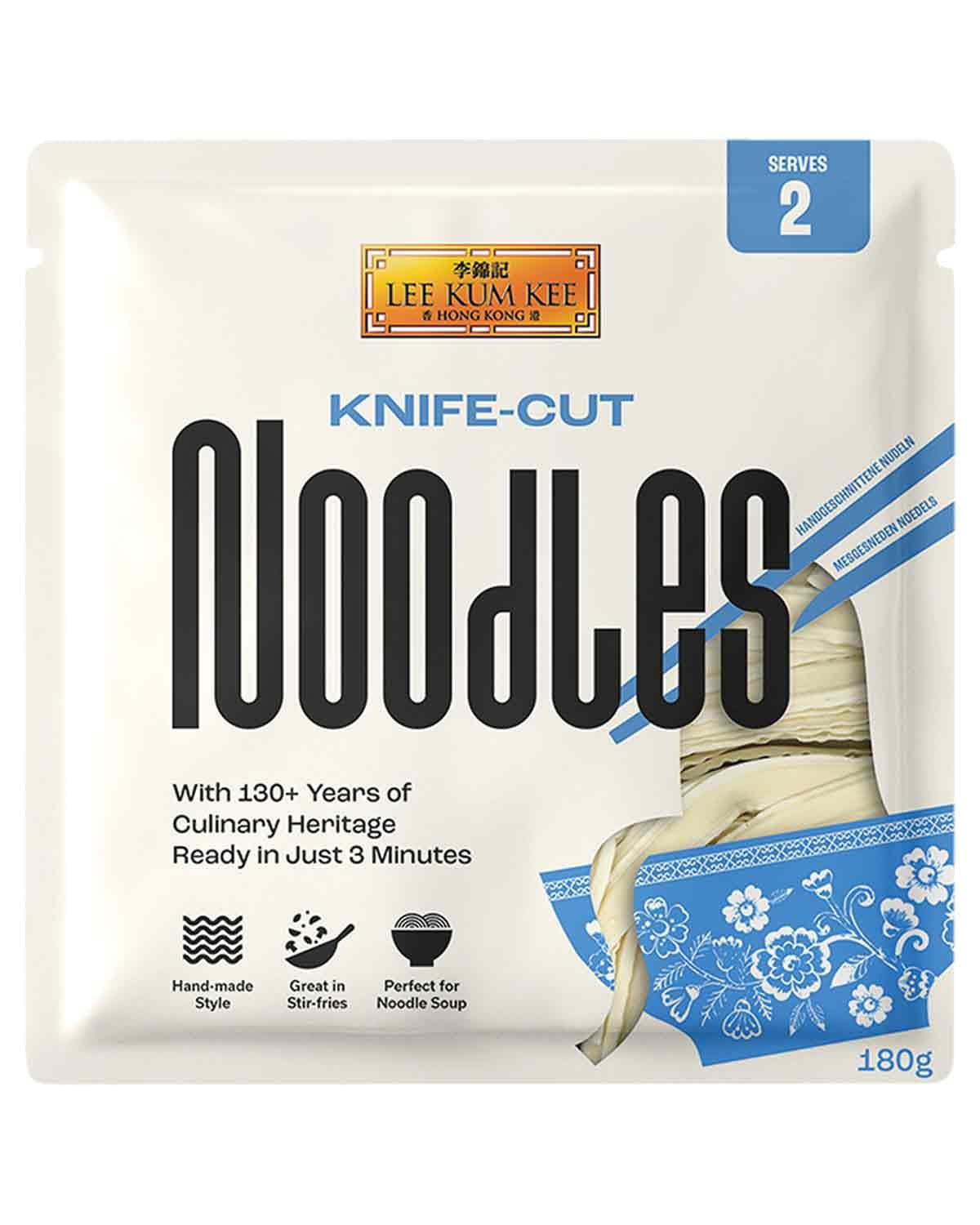 LEE KUM KEE Knife Cut Noodles – Asiatische Messernudeln mit herzhafter, fester Textur, ideal für Wok-Gerichte und Suppen, halbtrocken, zwei Portionen pro Packung, 6 x 180 g Multipack
