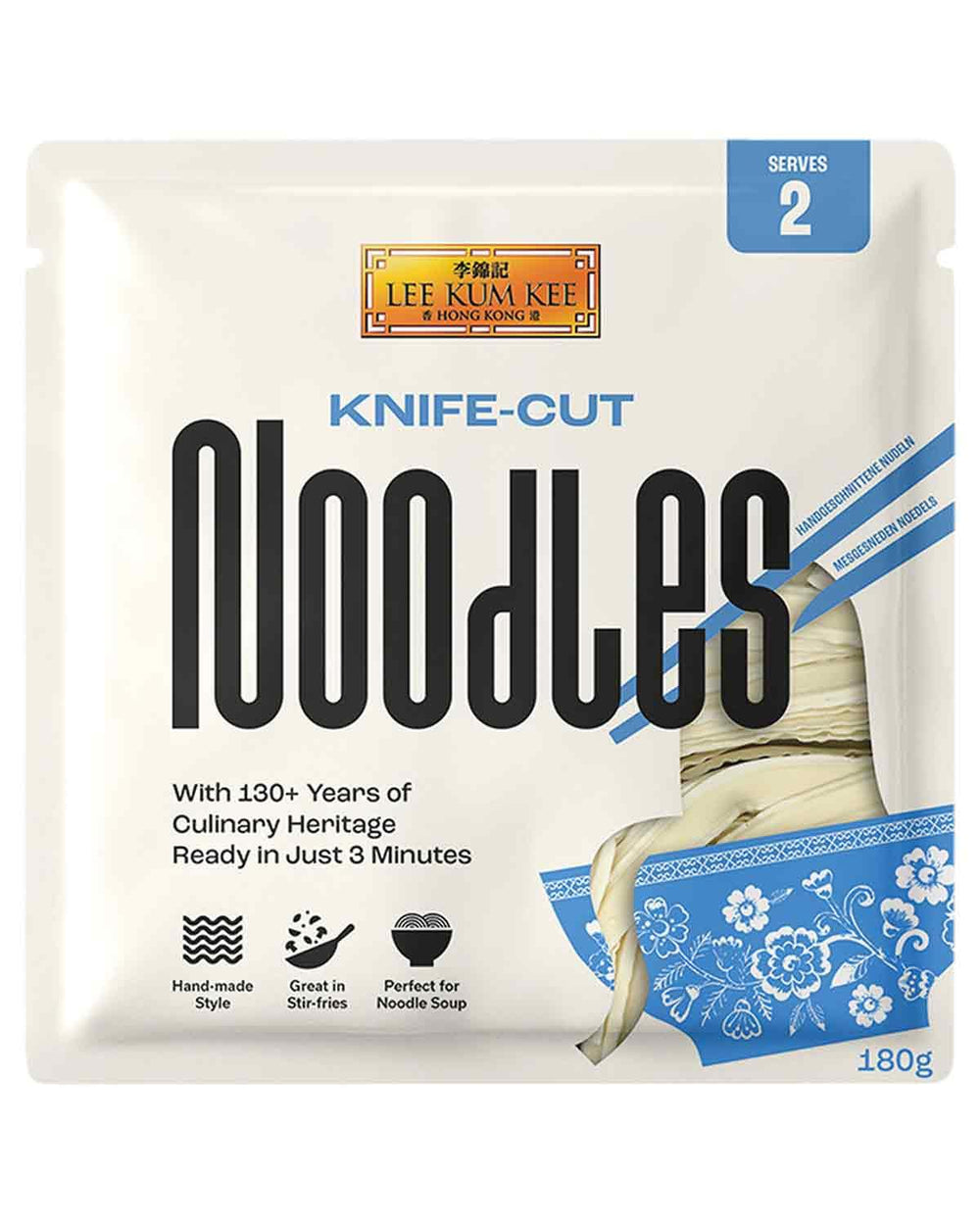 LEE KUM KEE Knife Cut Noodles – Asiatische Messernudeln mit herzhafter, fester Textur, ideal für Wok-Gerichte und Suppen, halbtrocken, zwei Portionen pro Packung, 6 x 180 g Multipack