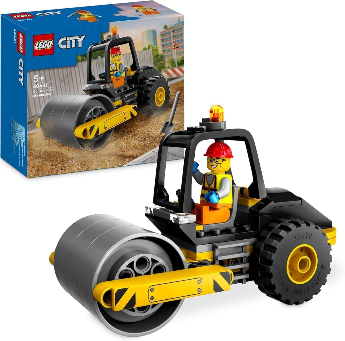 LEGO City Straßenwalze, Baufahrzeug für Kinder ab 5 Jahren, Dampfwalzenspielzeug mit Bauarbeiter-Minifigur, fantasievolles Spielerlebnis für Jungen und Mädchen, kleines lustiges Geschenk, 60401 Bausets. Beuche den LEGO-Store Single