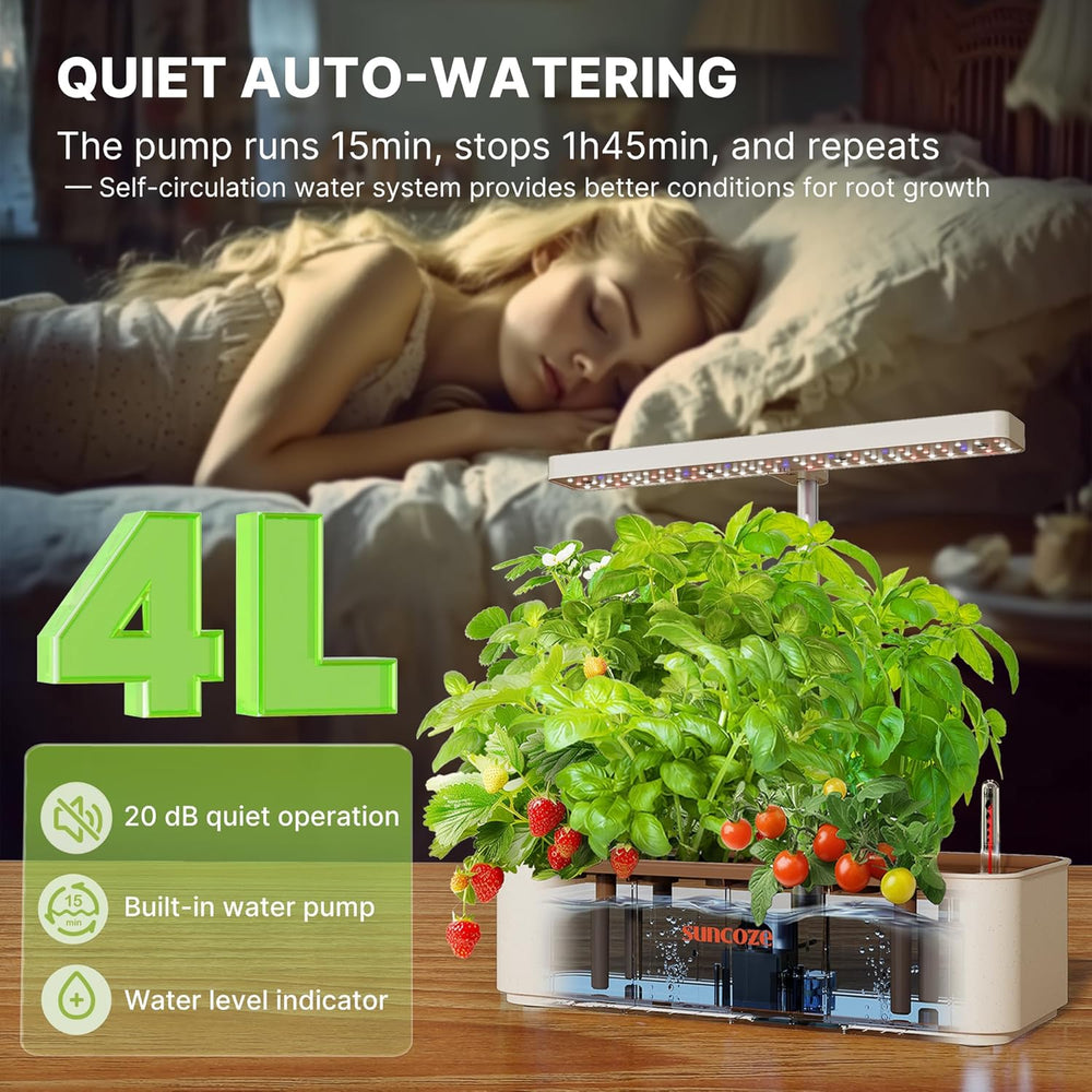 12 Kapseln Hydrokultur-Anbausystem-Kit, 24-W-LED-Gartenlampe für den Innenbereich, 4-Liter-Wassertank mit leiser Pumpe, höhenverstellbarer Kräuterpflanzer, Indoor-Gartenset, Gartengeschenke, Beige