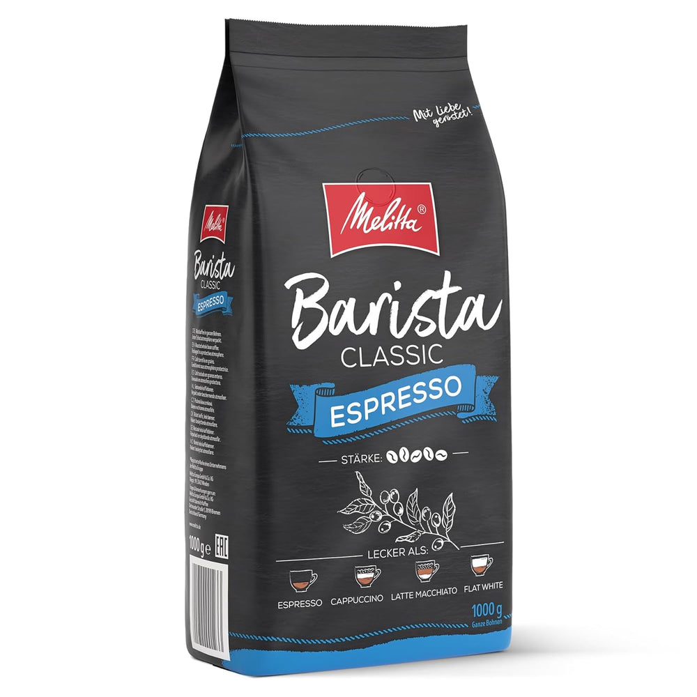 Melitta Barista Classic Espresso, Boabe de cafea întregi 1kg, Nemăcinate, Boabe de cafea pentru espressoare automate, Prăjire puternică, Intensitate 5 (Pachet de 2)