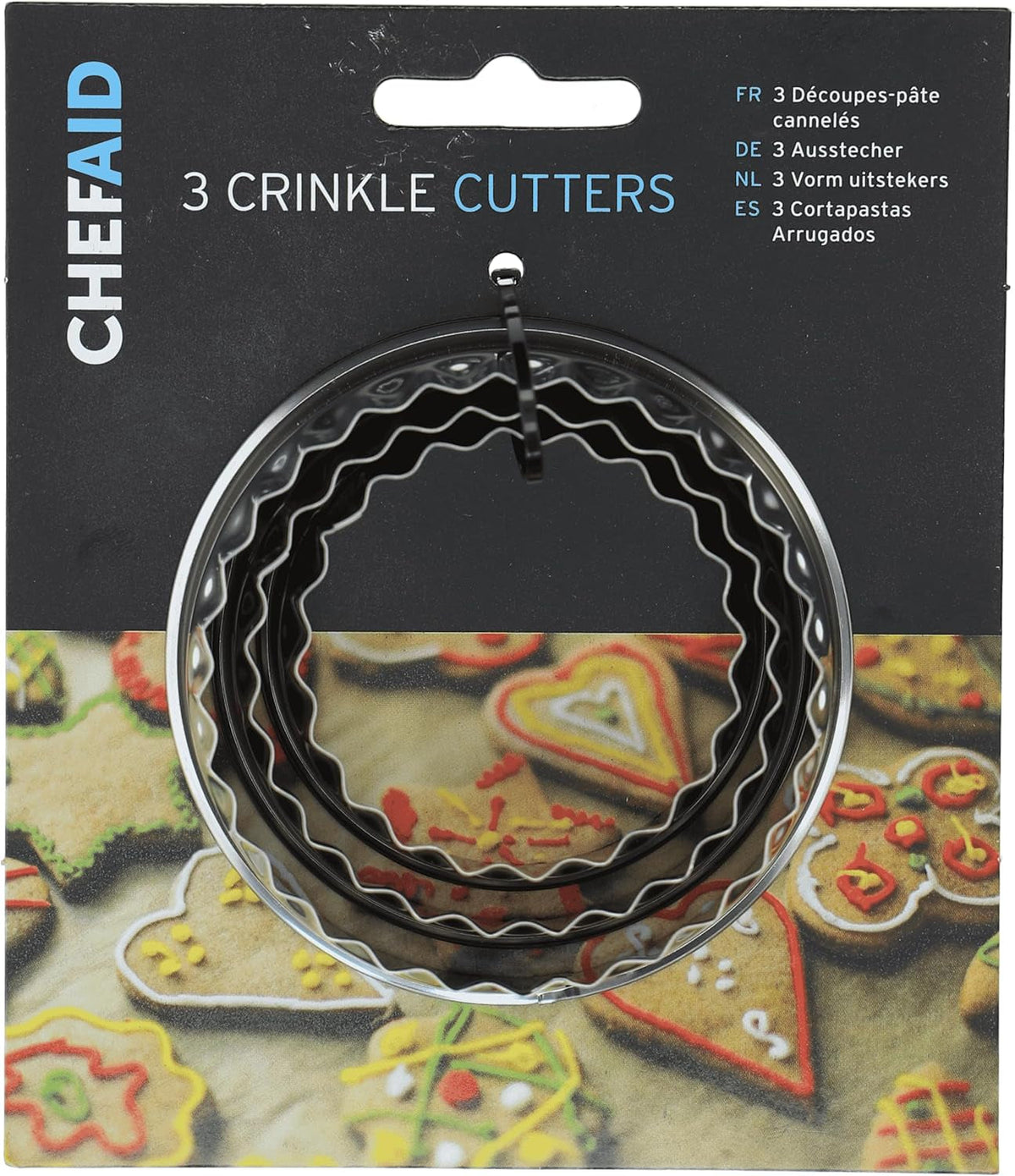 Set de 3 forme de biscuiți Chef Aid: Forme de biscuiți pentru biscuiți, scones, prăjituri, mini quiche și aluat, ideale pentru produse de patiserie de casă, decorarea torturilor, fondant, cercuri canelate din oțel inoxidabil.
