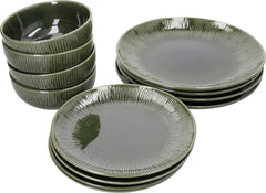 Set de veselă Mikasa Jardin cu 12 piese, set de veselă din gresie pentru 4 persoane cu farfurii, farfurii laterale și boluri, verde - cutie cadou și lavabilă în mașina de spălat vase