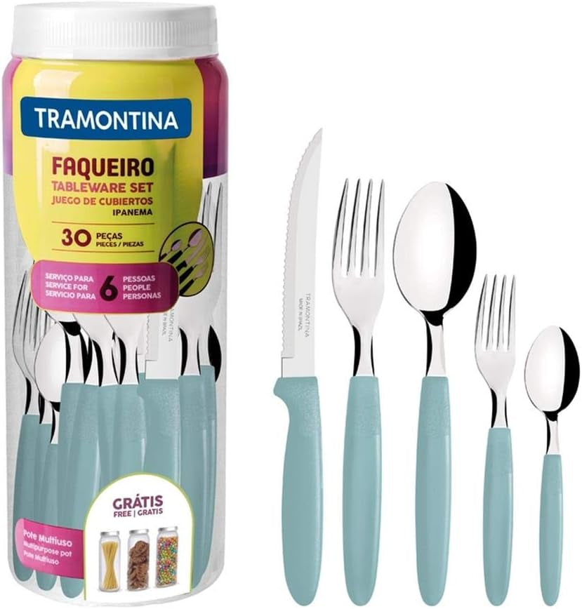 Tramontina Ipanema Besteckset für 6 Personen, 30-teilig, Edelstahl Kitchen Naty Shop Hellblau
